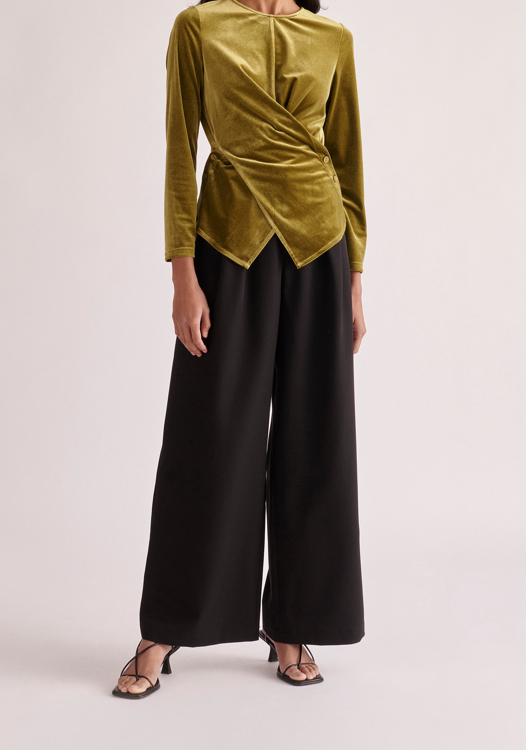 Paisie Draped Velvet Top in Olive Green 