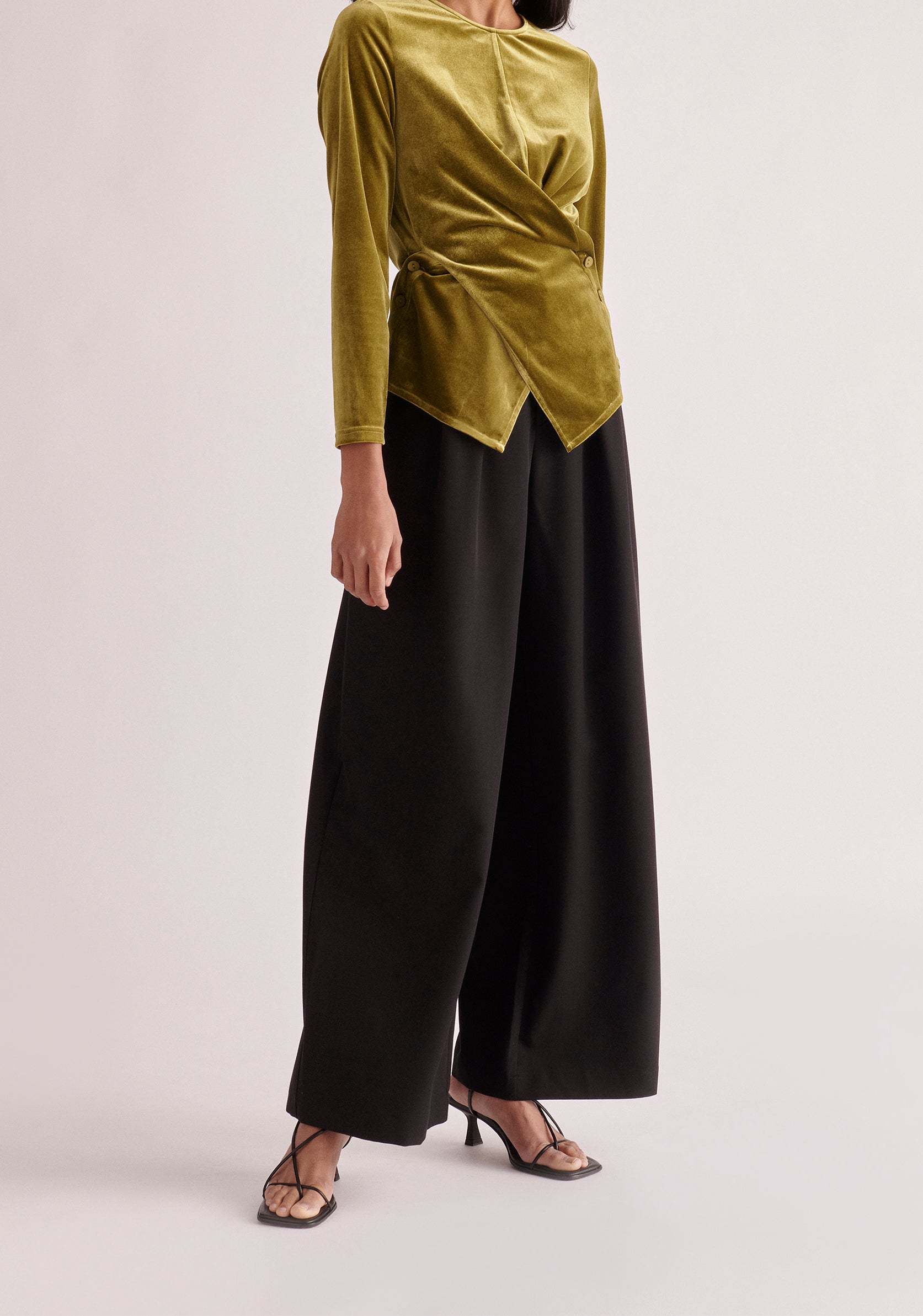 Paisie Draped Velvet Top in Olive Green 