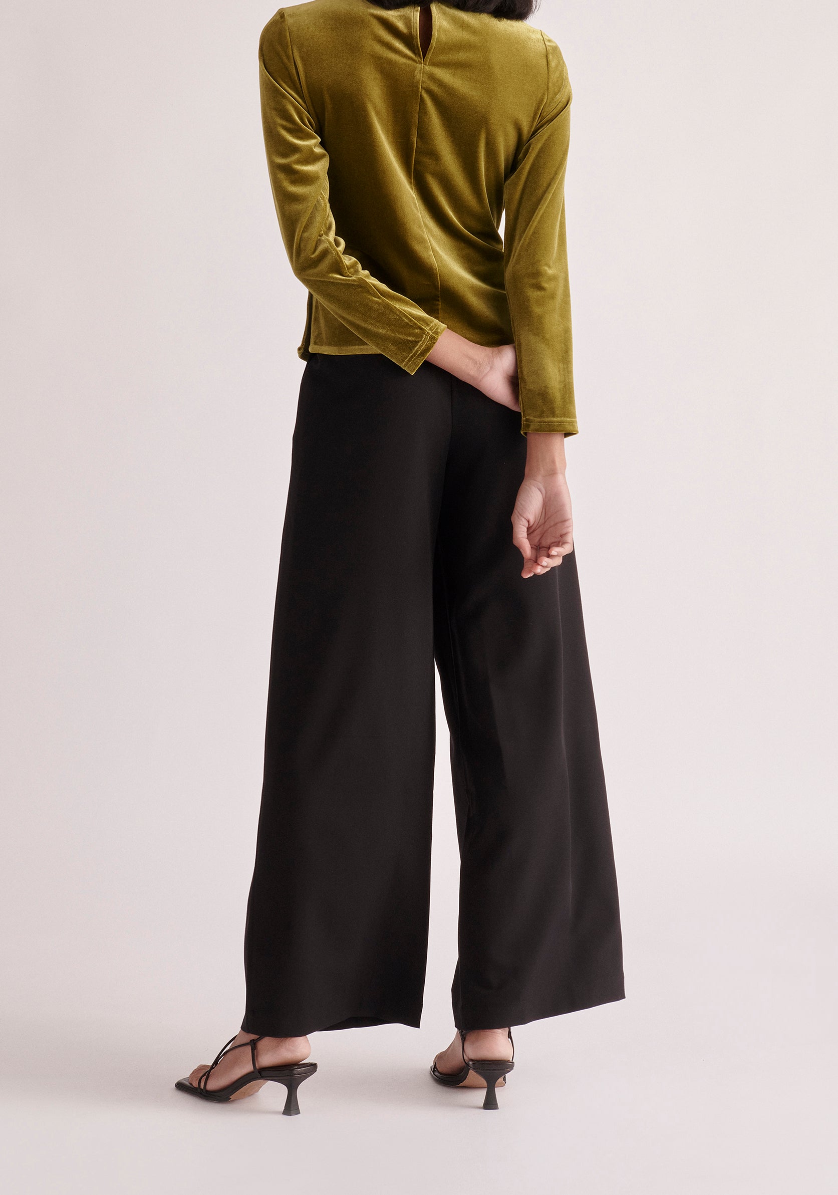 Paisie Draped Velvet Top in Olive Green Back