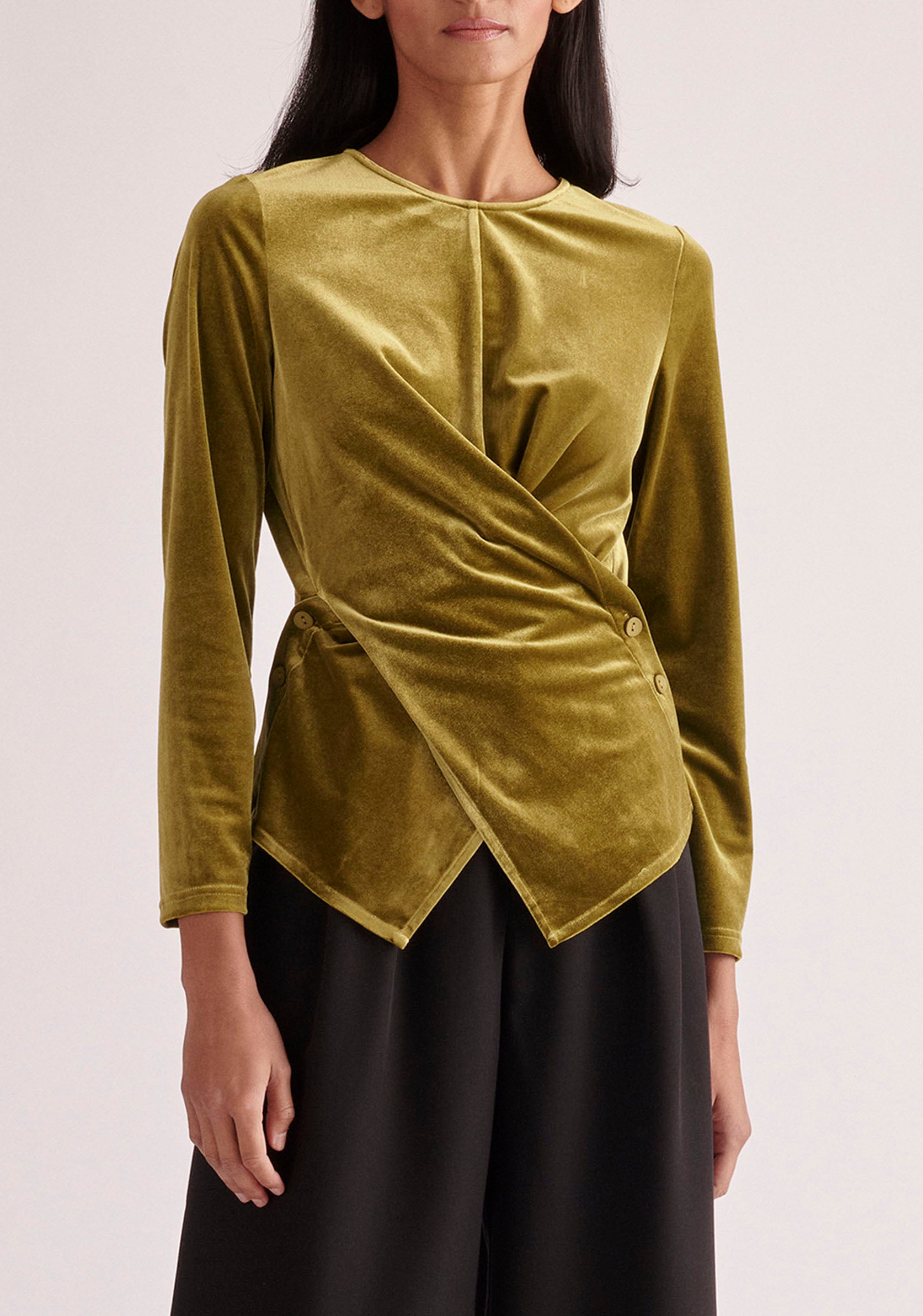 Paisie Draped Velvet Top in Olive Green 