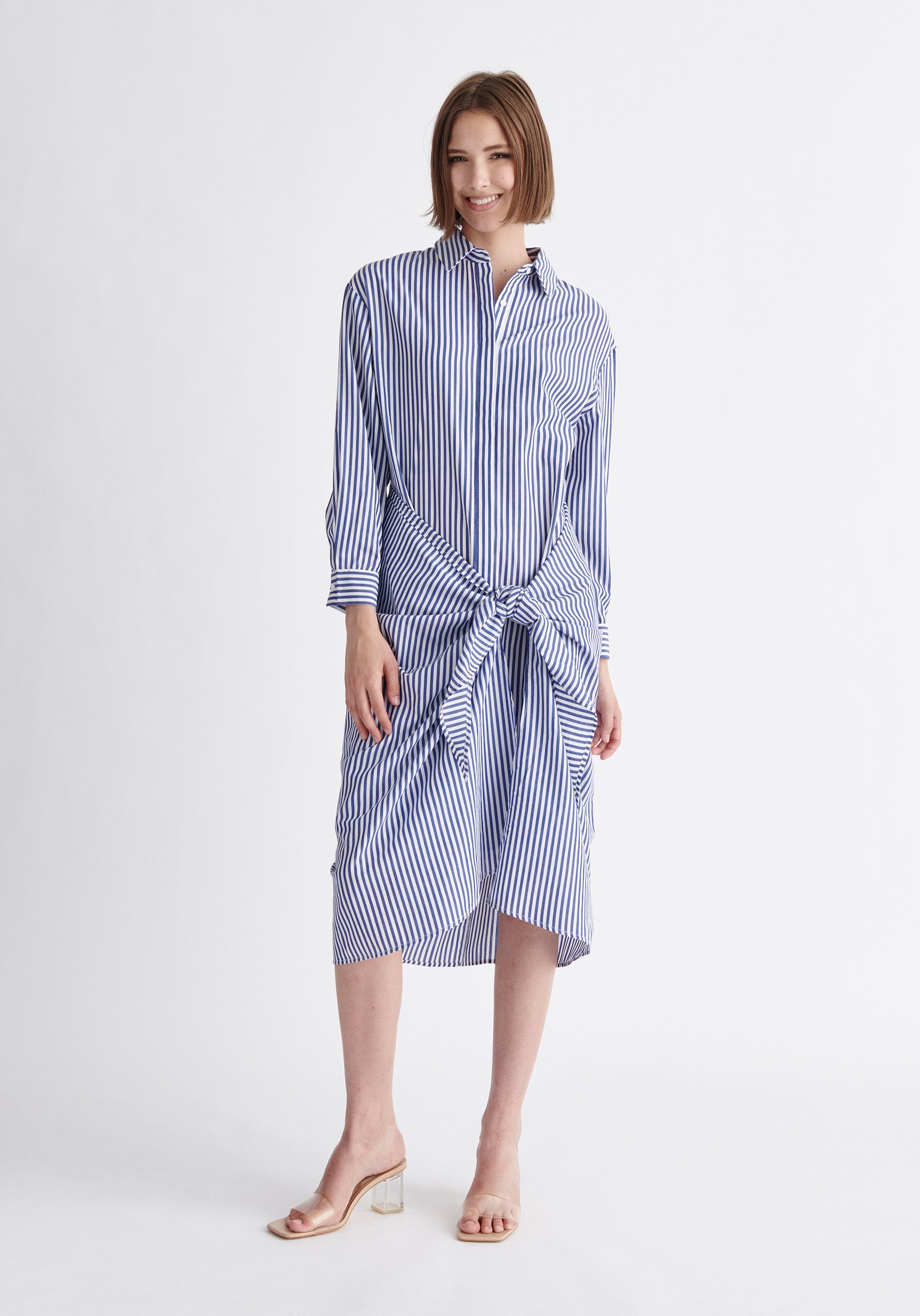 Waist Tie Shirt Dress in Dark Blue and White