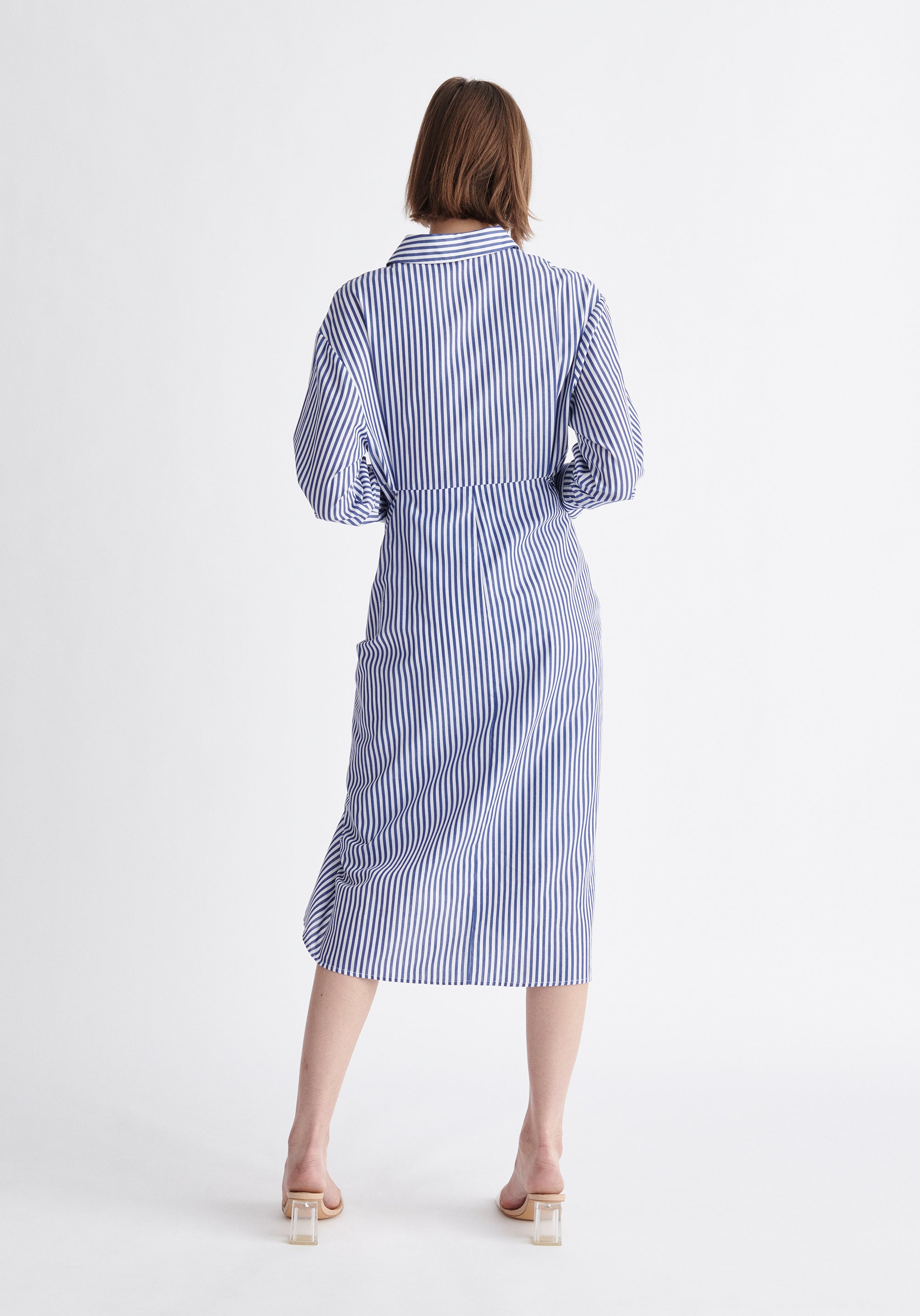 Waist Tie Shirt Dress in Dark Blue and White Back