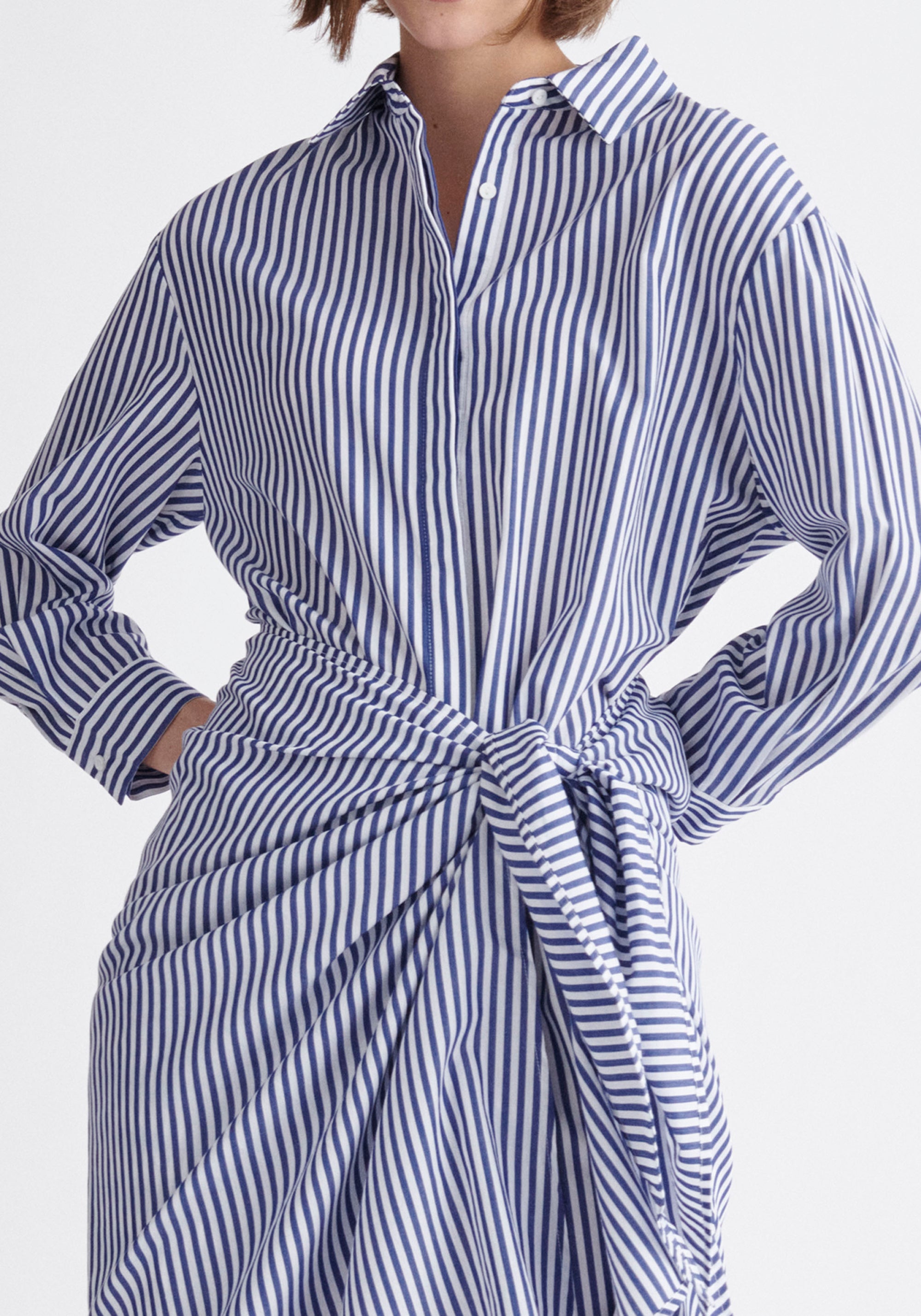 Waist Tie Shirt Dress in Dark Blue and White Close Up