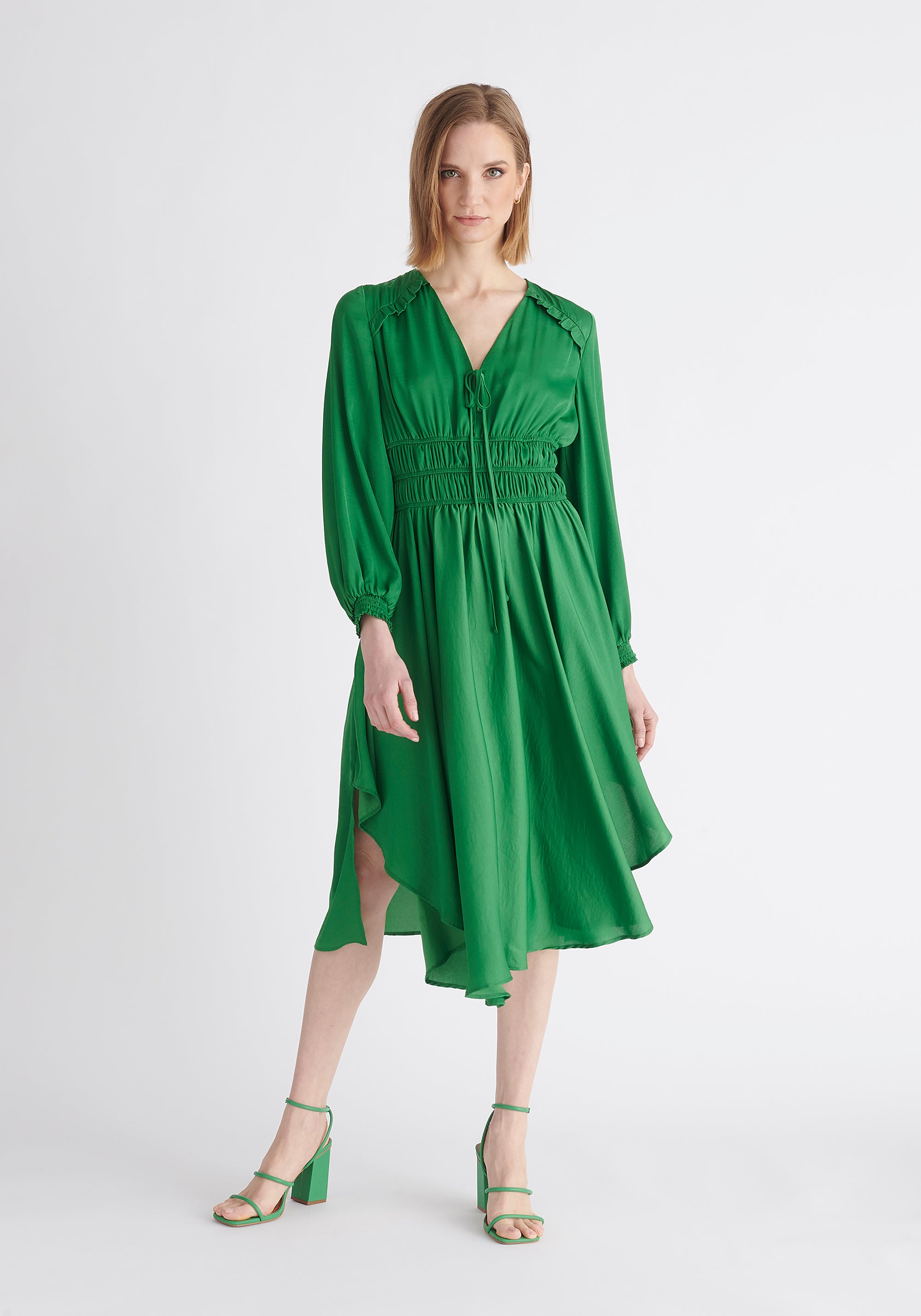 Paisie Ruched Waist Midi Dress in Green