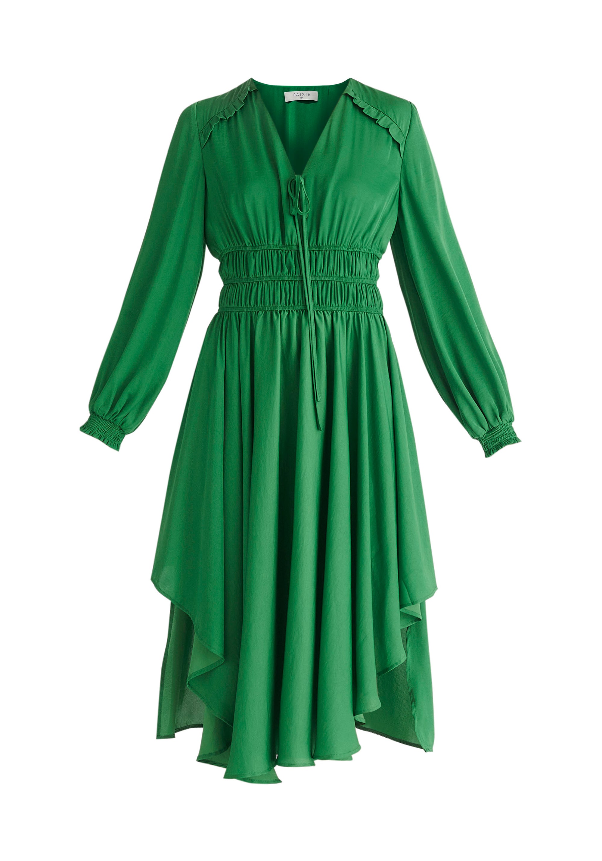 Paisie Ruched Waist Midi Dress in Green Cut Out