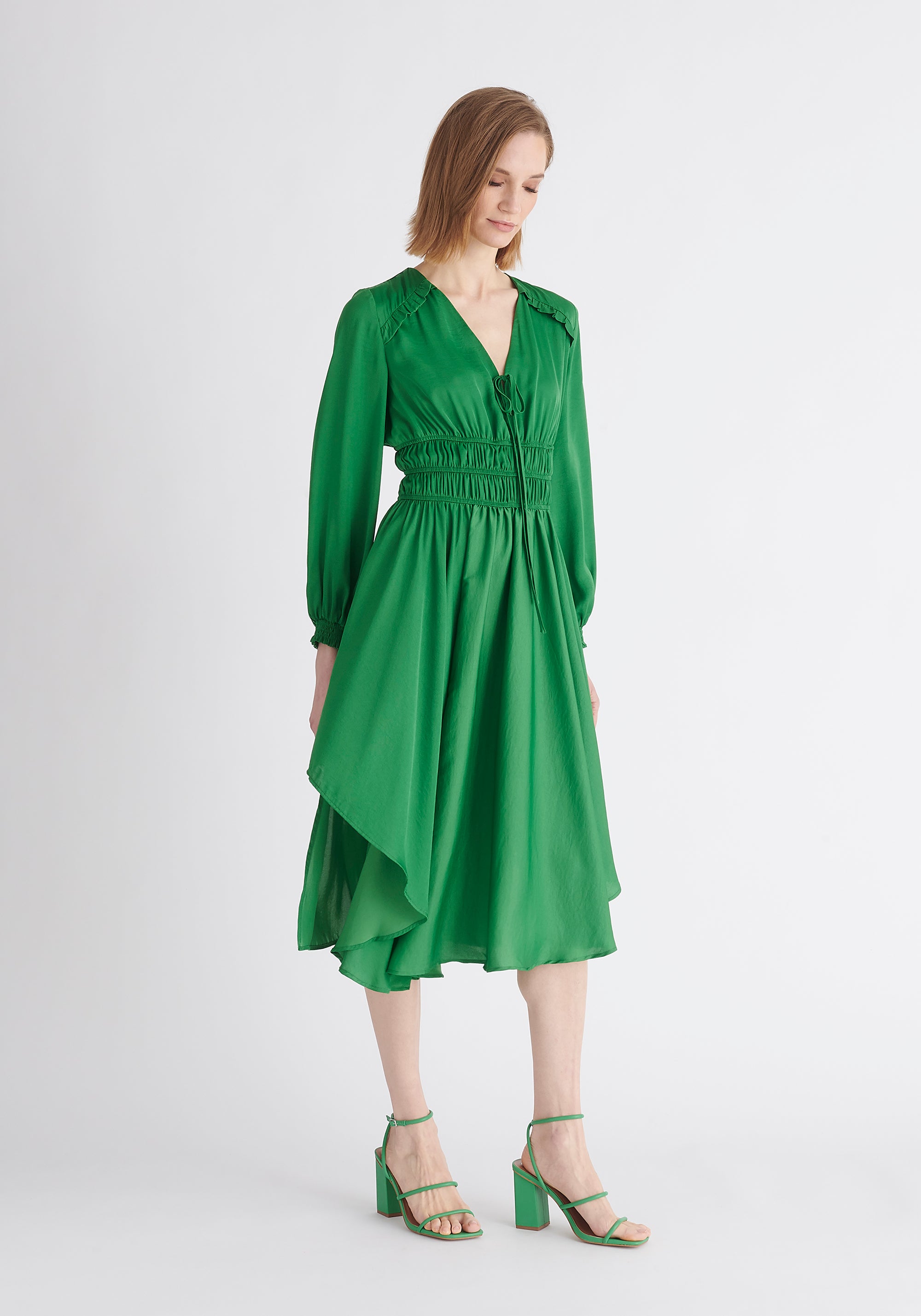 Paisie Ruched Waist Midi Dress in Green