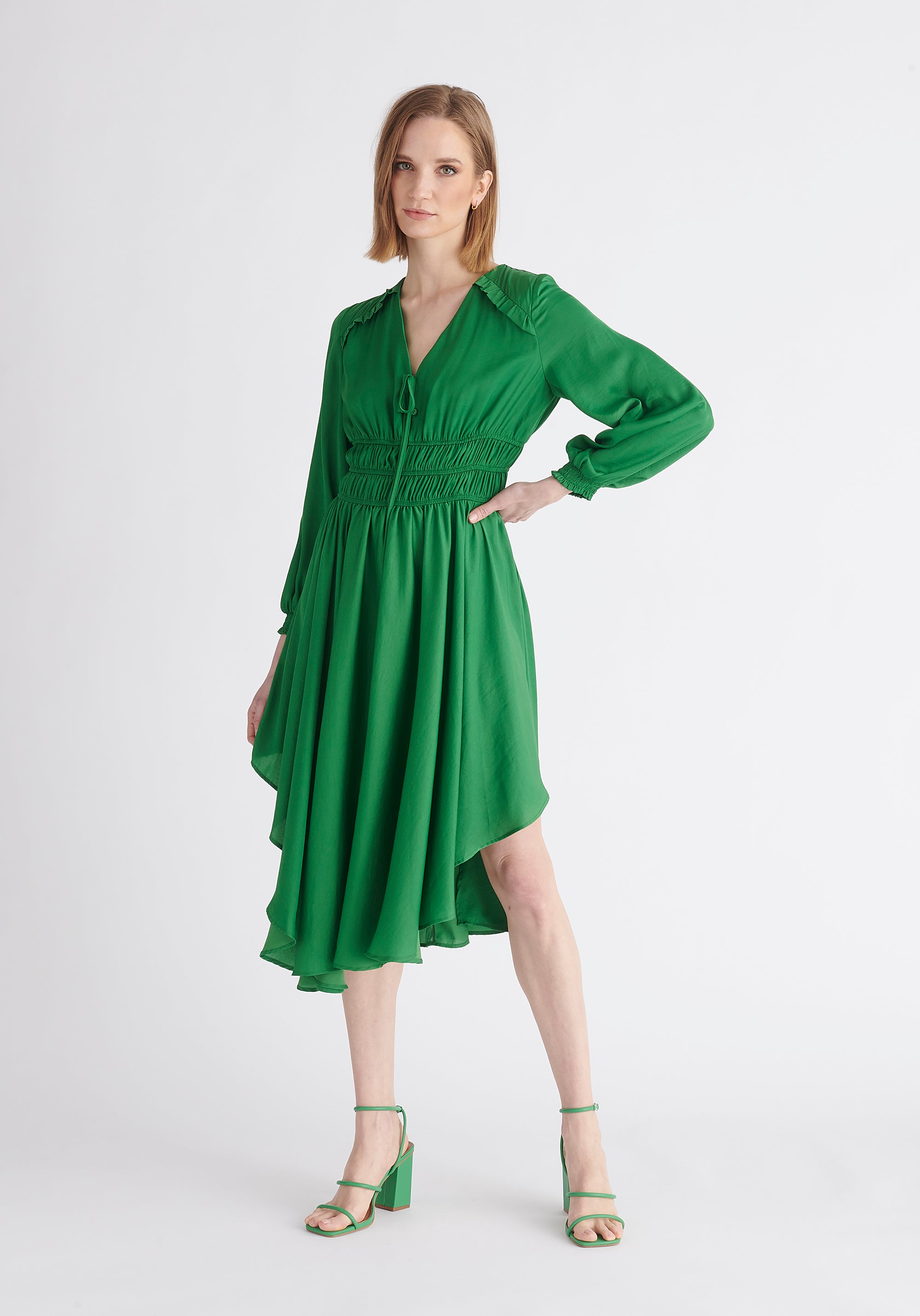 Paisie Ruched Waist Midi Dress in Green