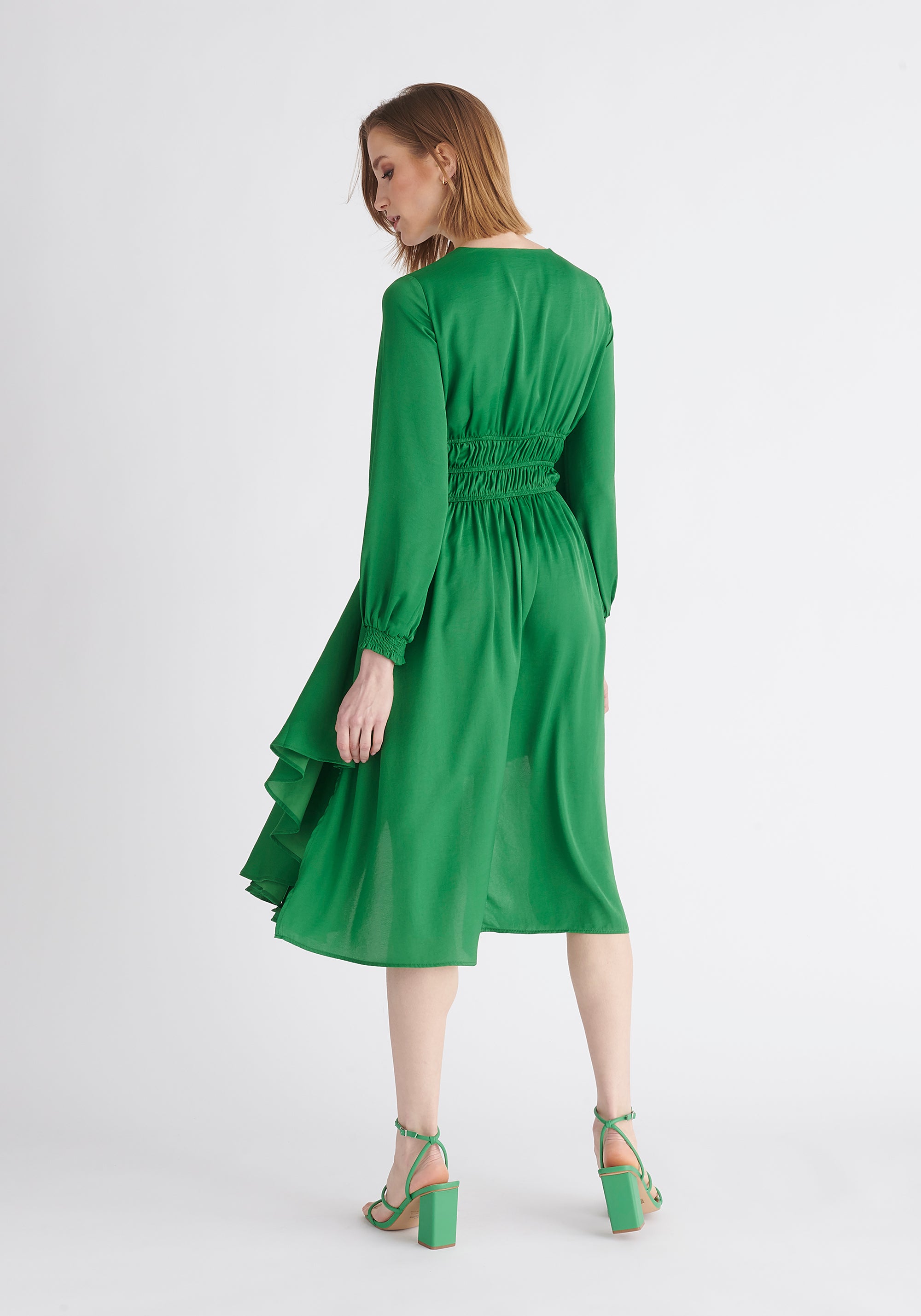 Paisie Ruched Waist Midi Dress in Green Back