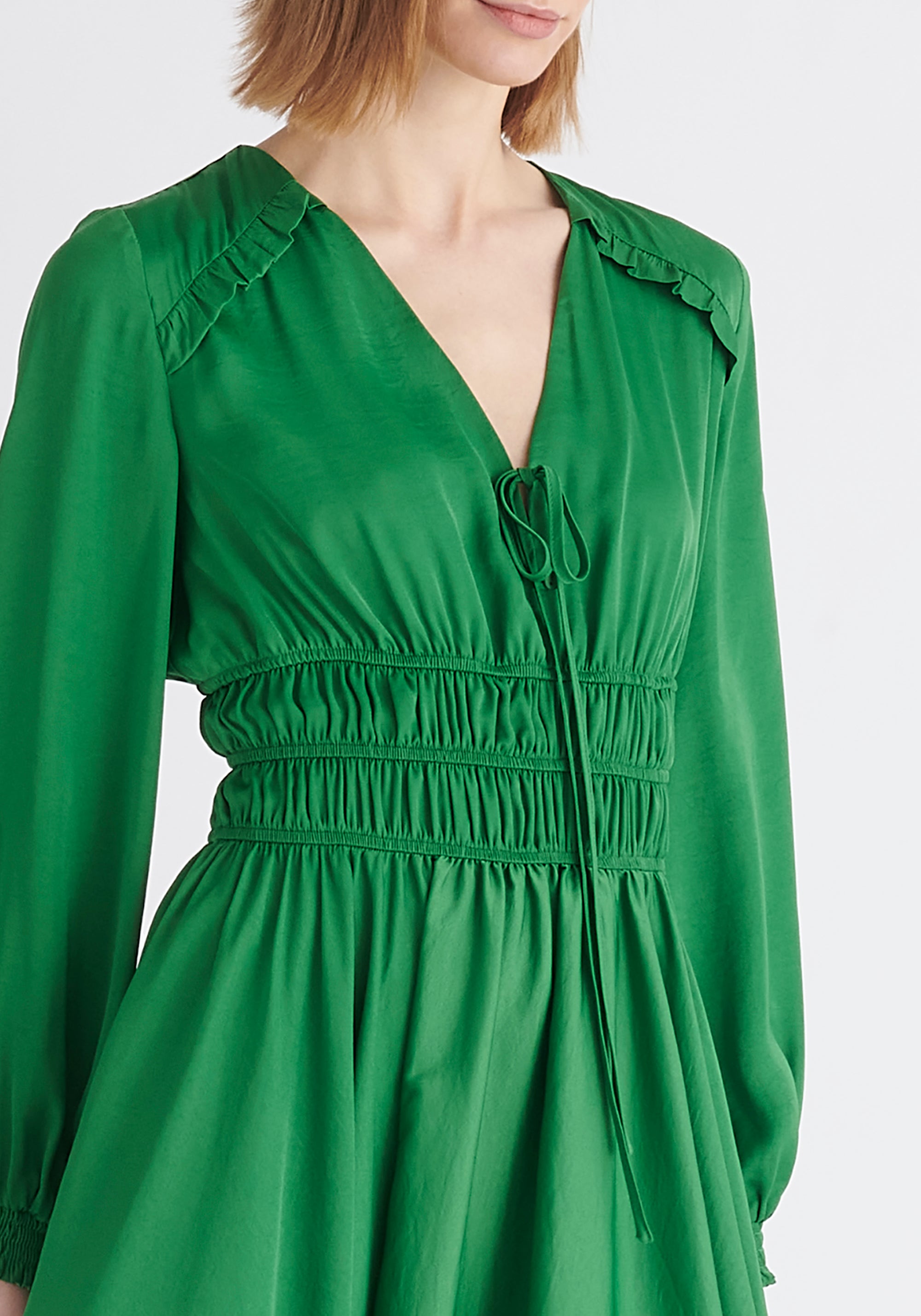 Paisie Ruched Waist Midi Dress in Green Close Up