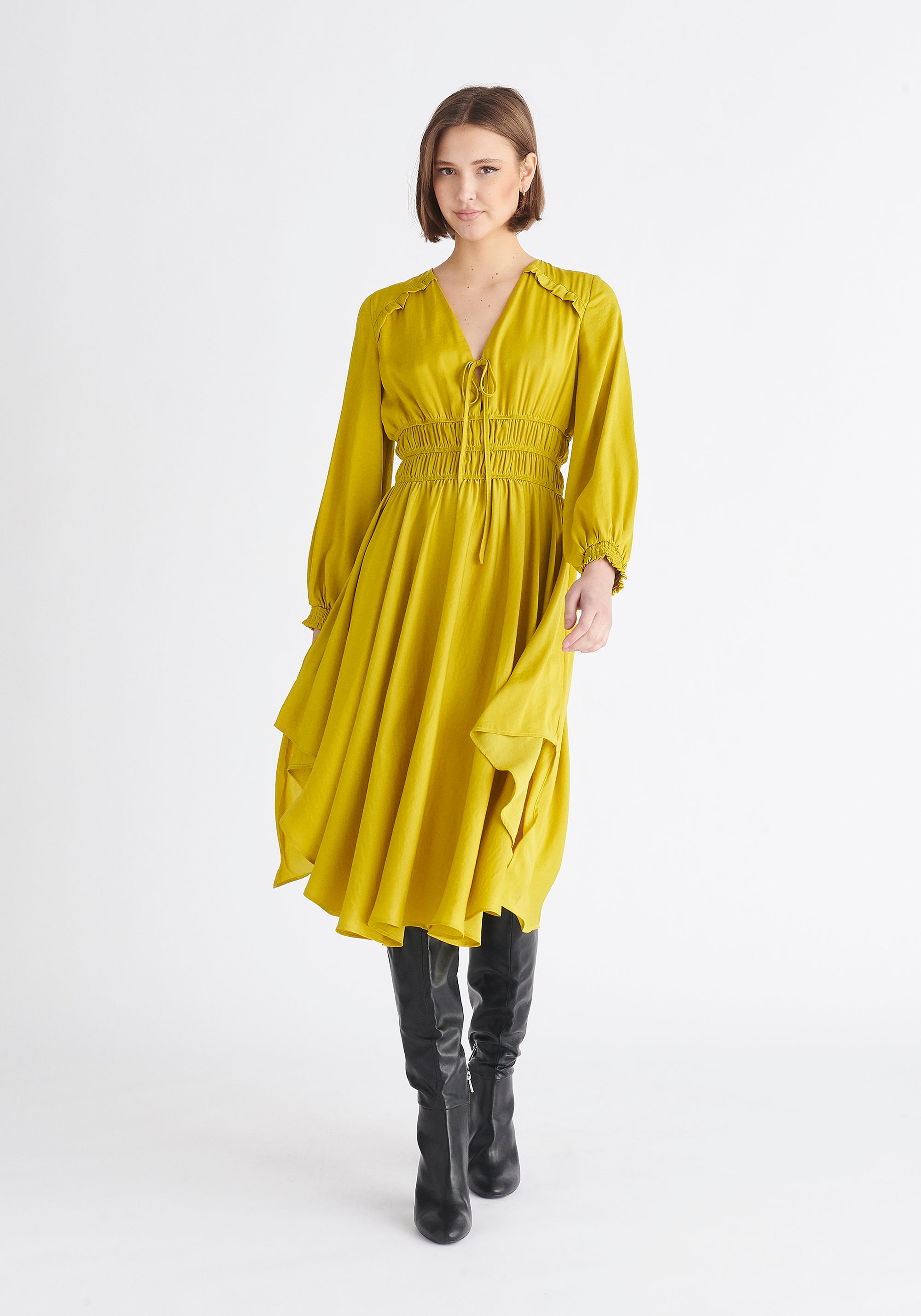 Paisie Ruched Waist Midi Dress in Mustard Yellow