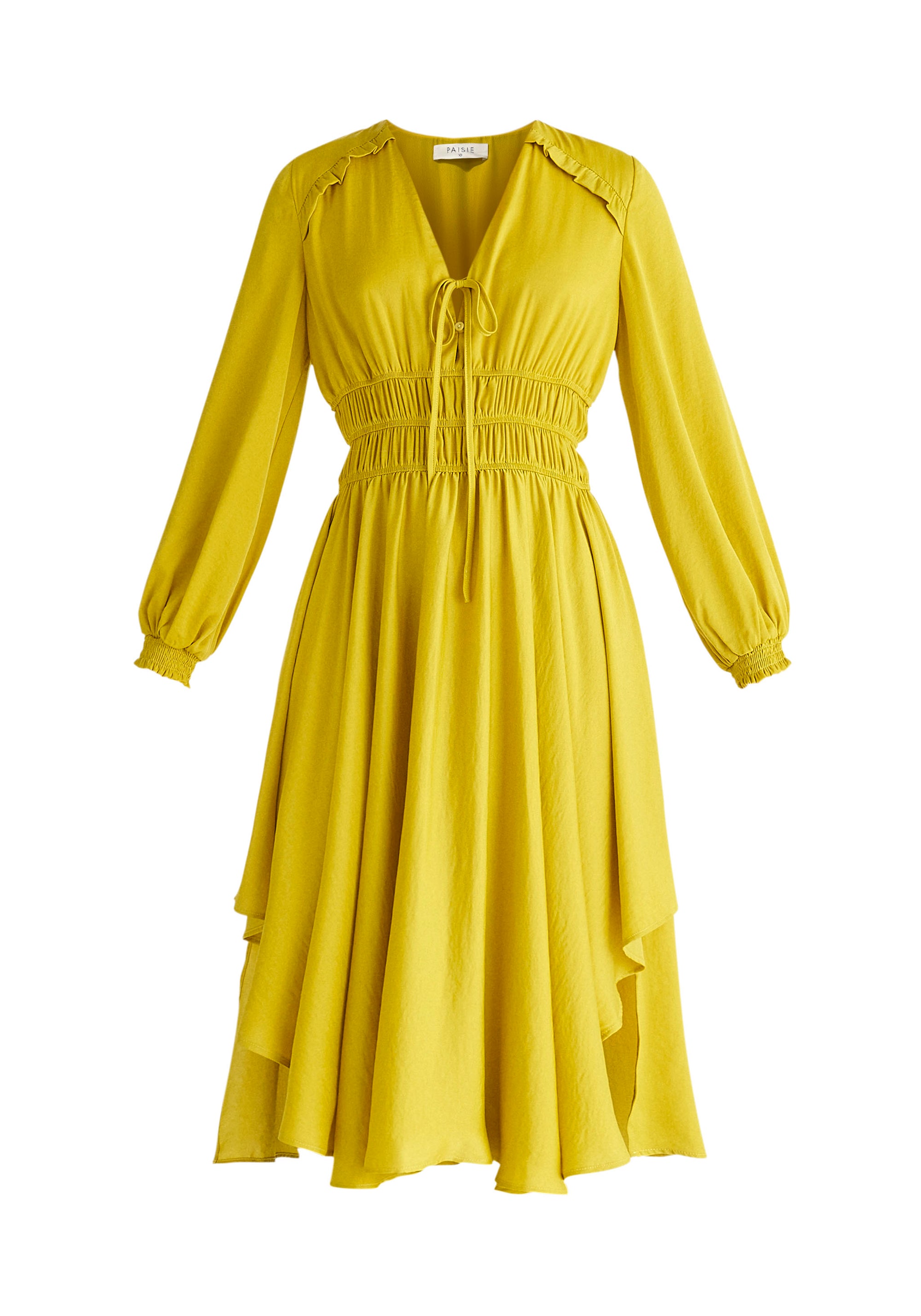 Paisie Ruched Waist Midi Dress in Mustard Yellow Cut Out