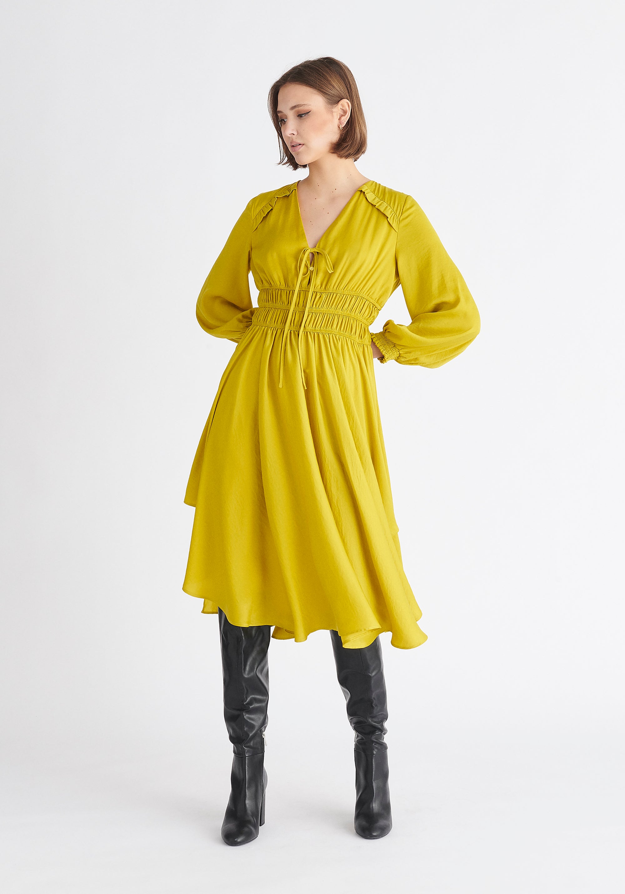 Paisie Ruched Waist Midi Dress in Mustard Yellow