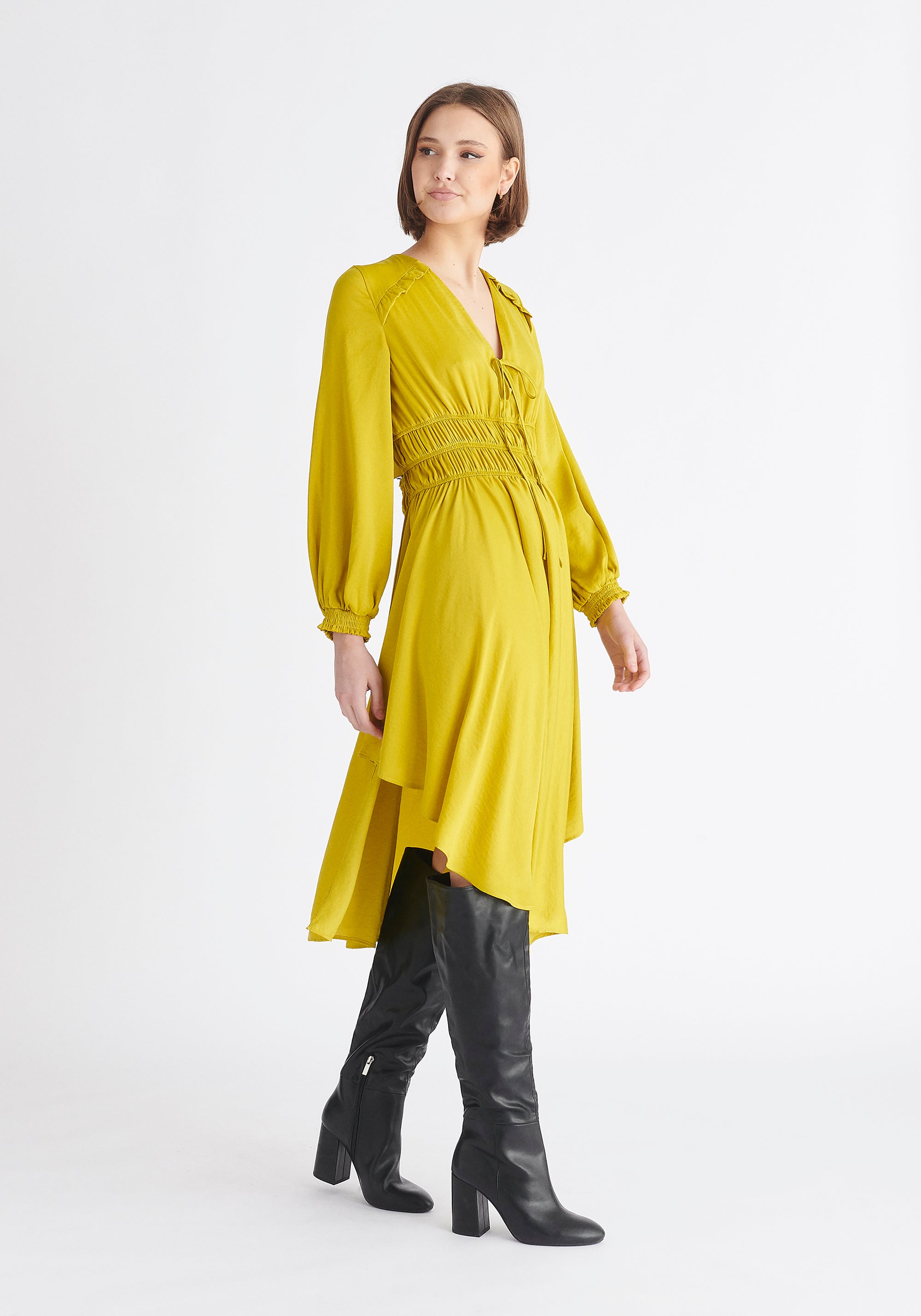 Paisie Ruched Waist Midi Dress in Mustard Yellow