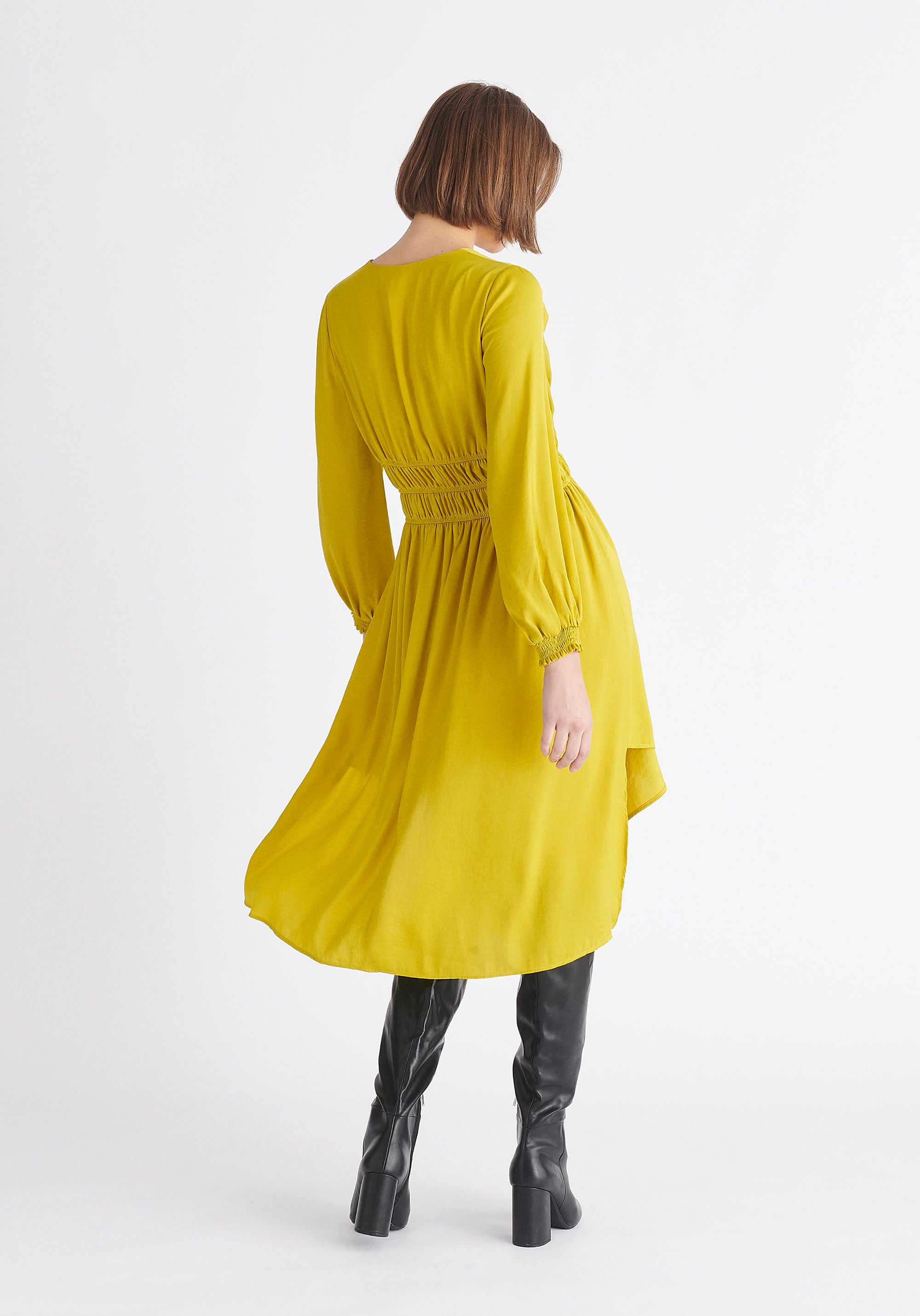 Paisie Ruched Waist Midi Dress in Mustard Yellow Back