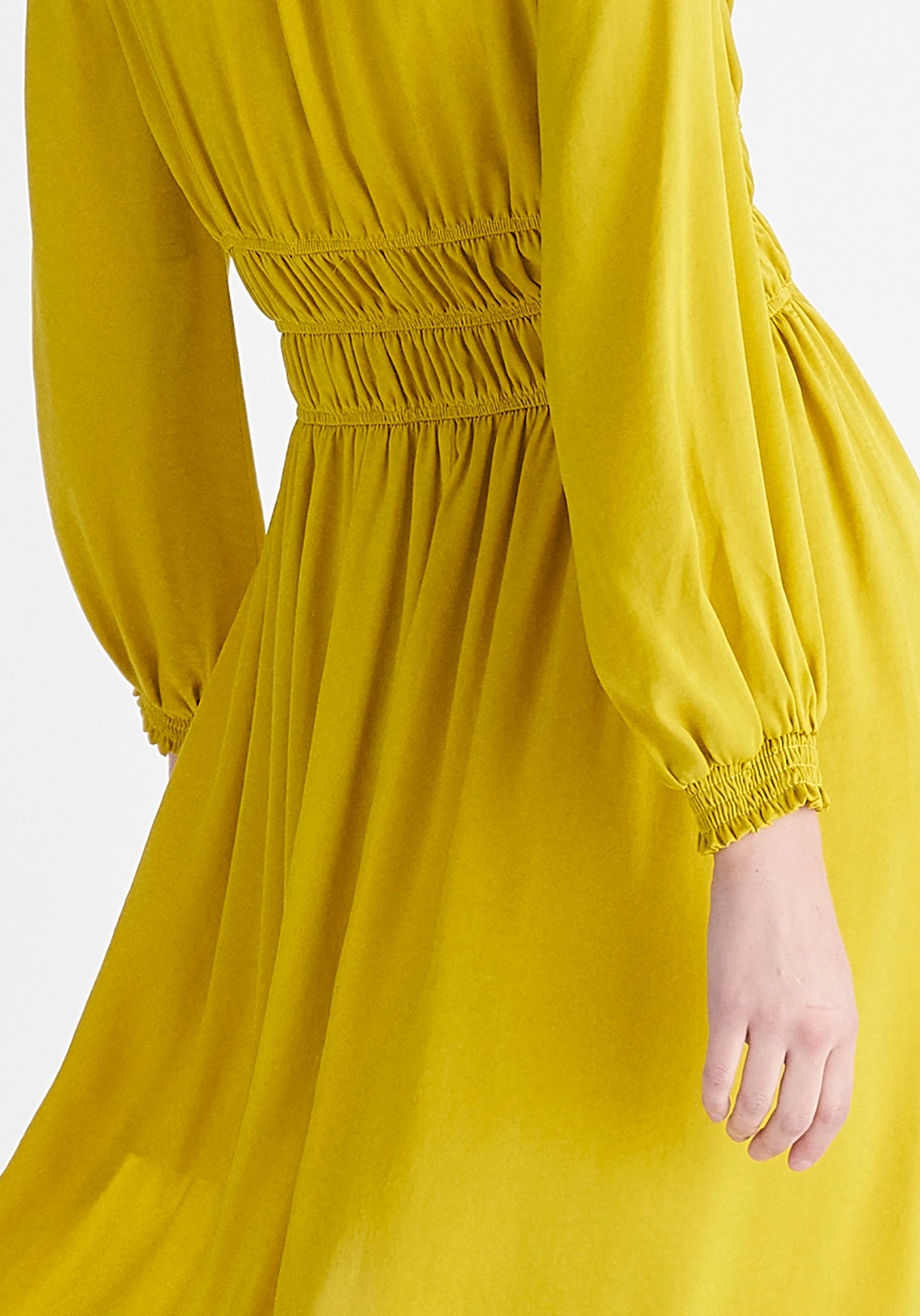 Paisie Ruched Waist Midi Dress in Mustard Yellow Close Up