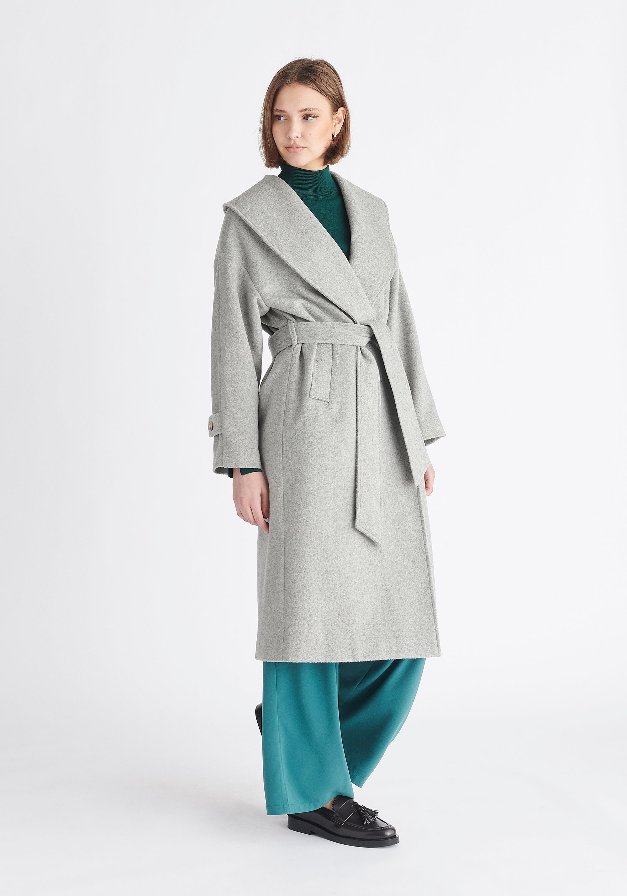 Paisie Belted Wool Coat in Light Grey