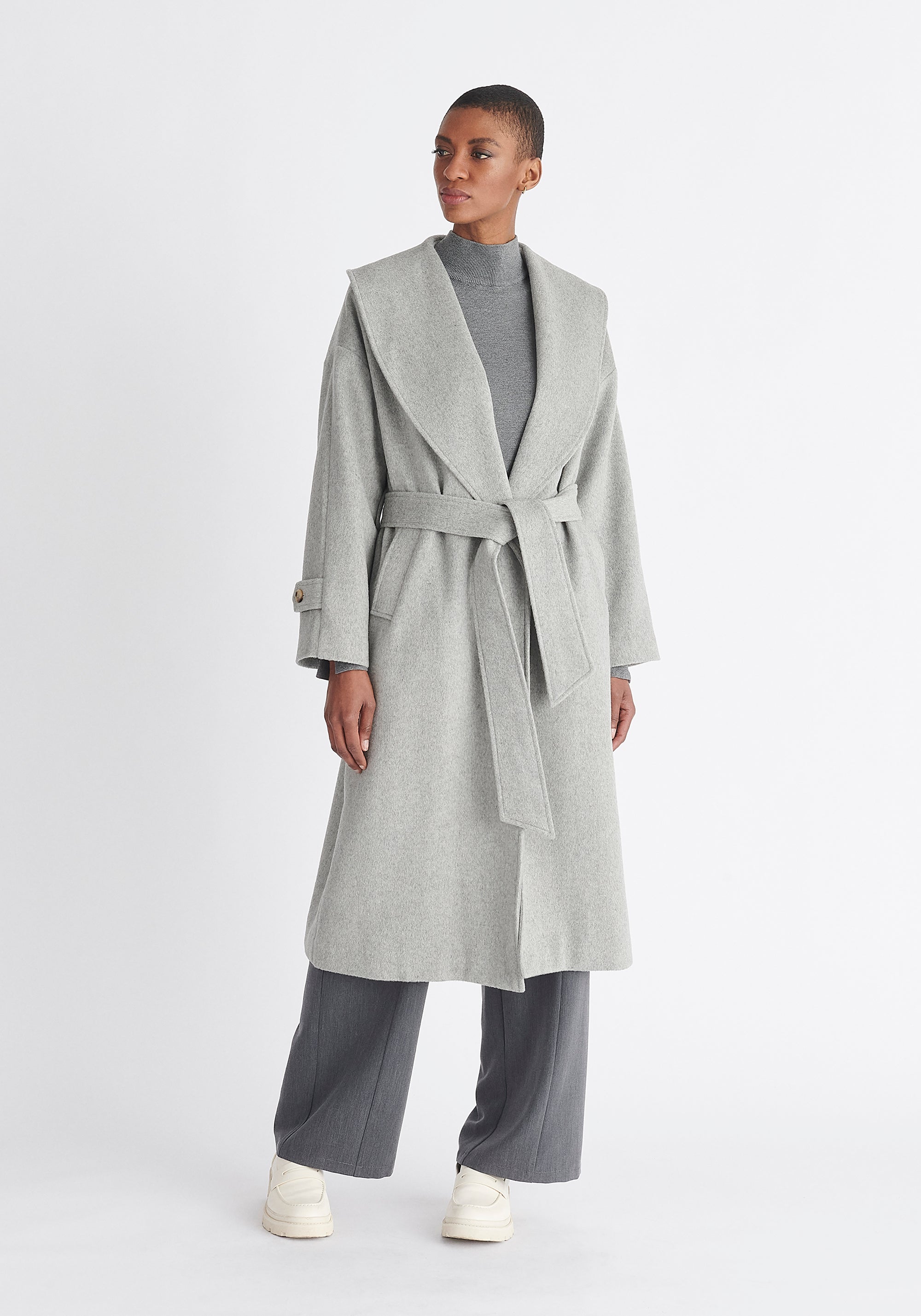 Paisie Belted Wool Coat in Light Grey