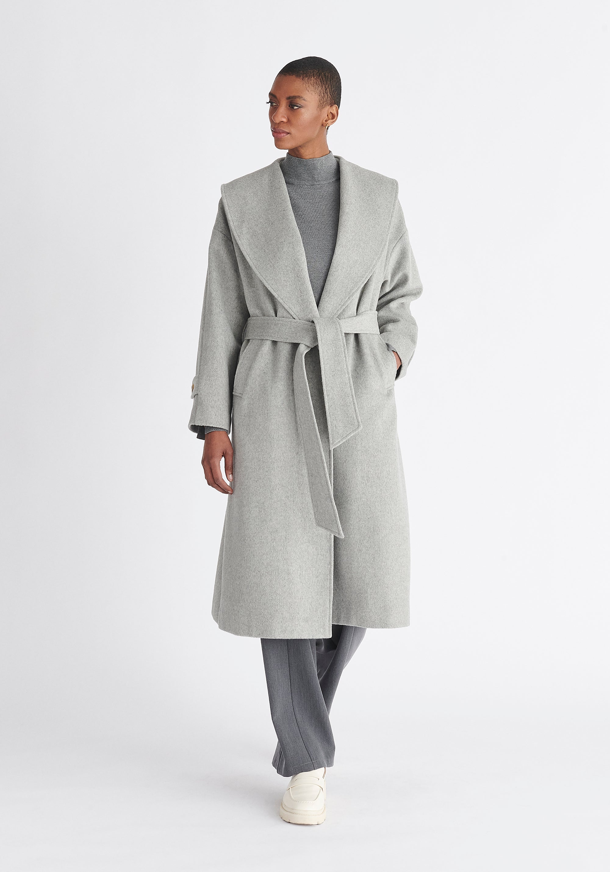 Paisie Belted Wool Coat in Light Grey