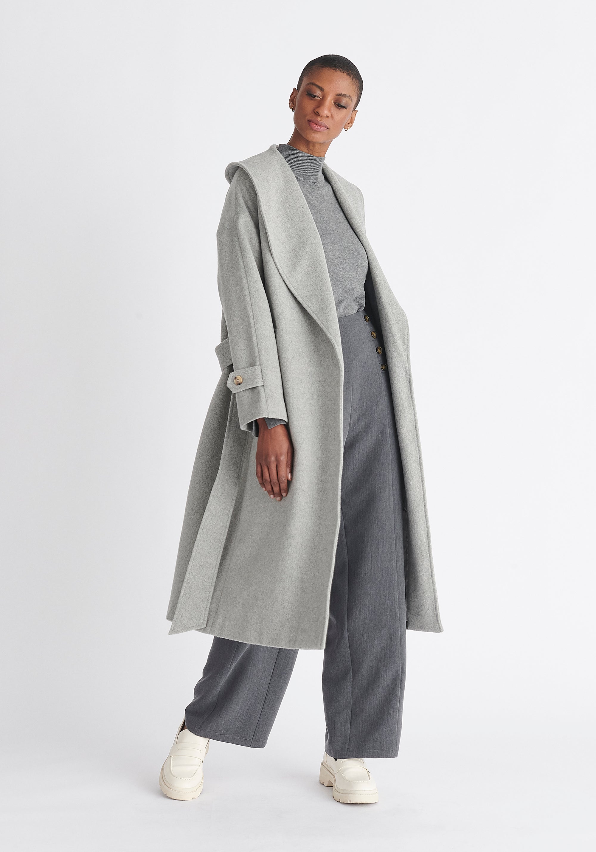 Paisie Belted Wool Coat in Light Grey