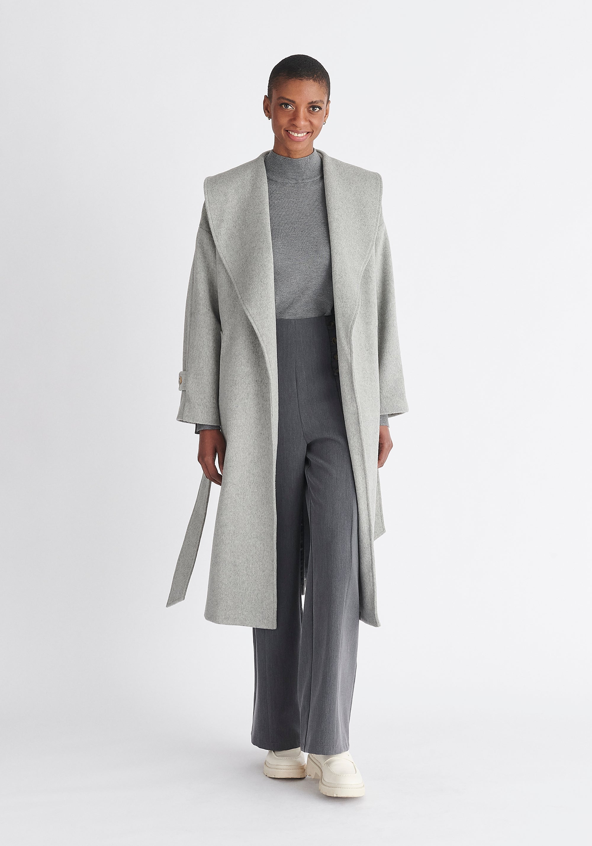 Paisie Belted Wool Coat in Light Grey