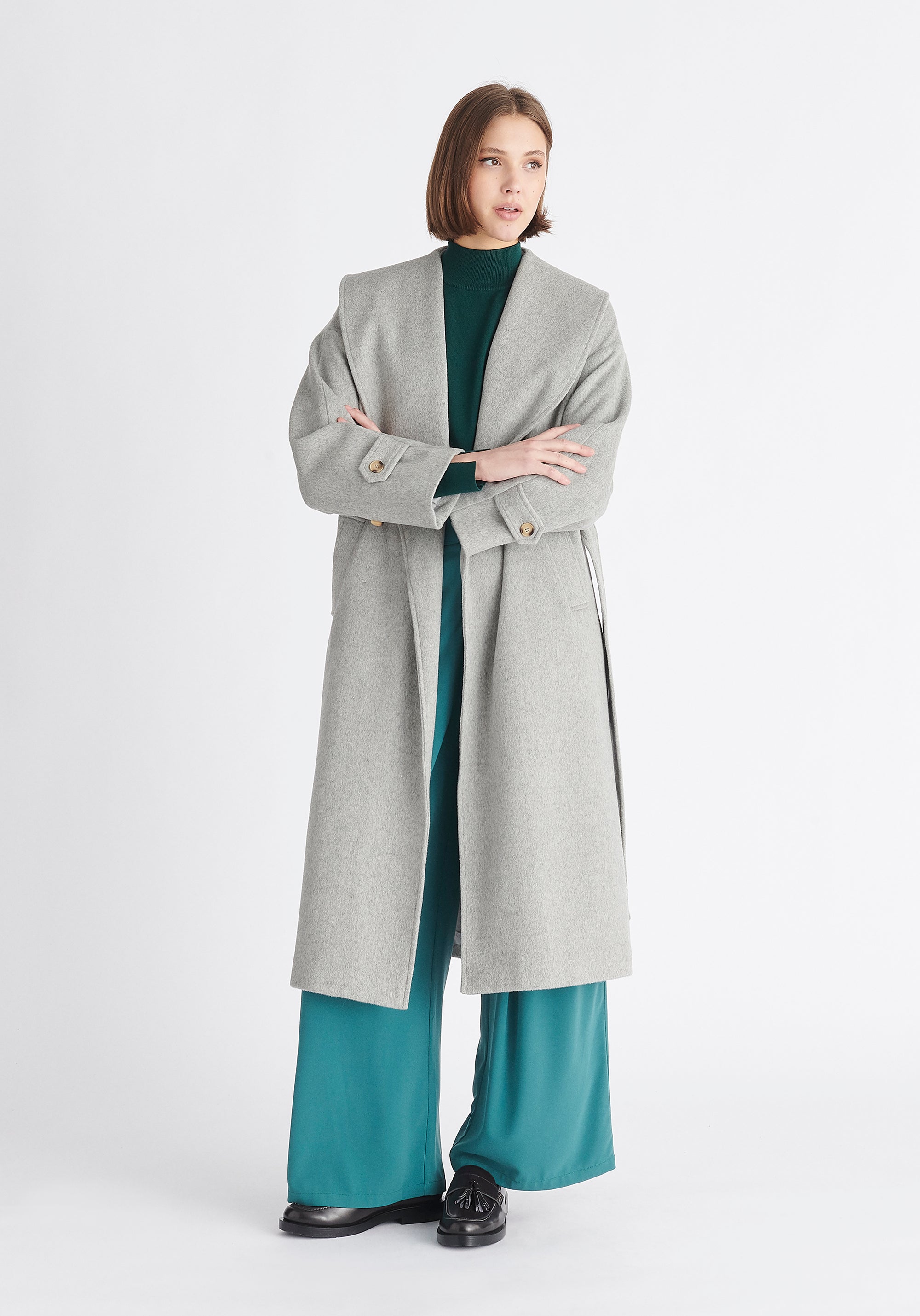 Paisie Belted Wool Coat in Light Grey