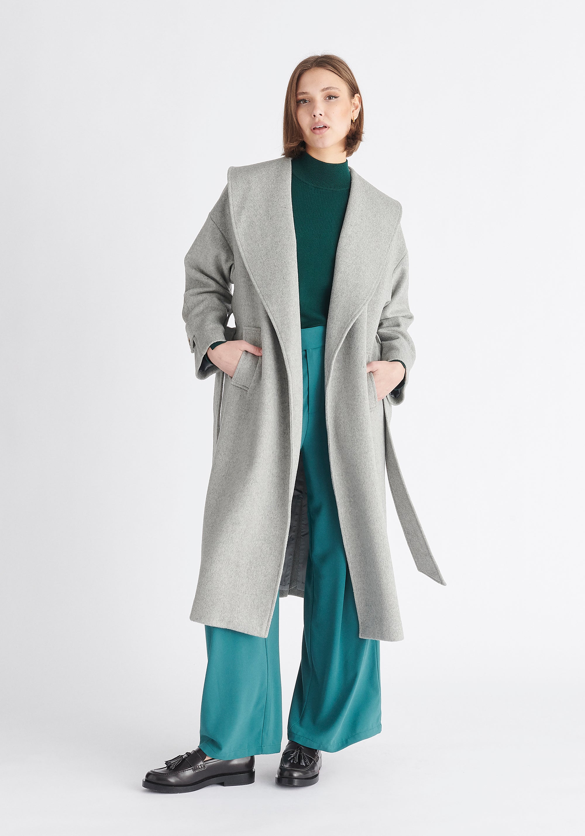 Paisie Belted Wool Coat in Light Grey