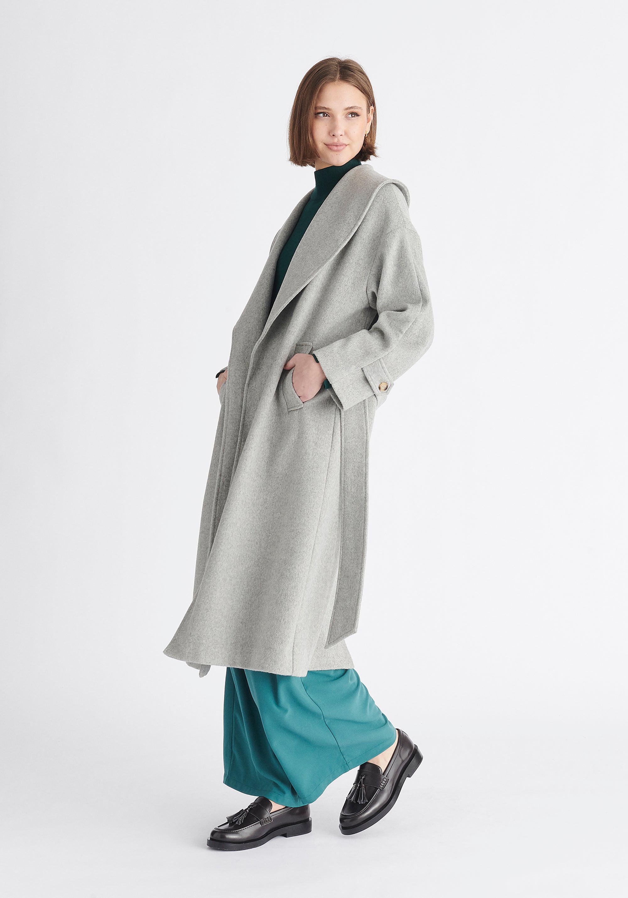 Paisie Belted Wool Coat in Light Grey Side