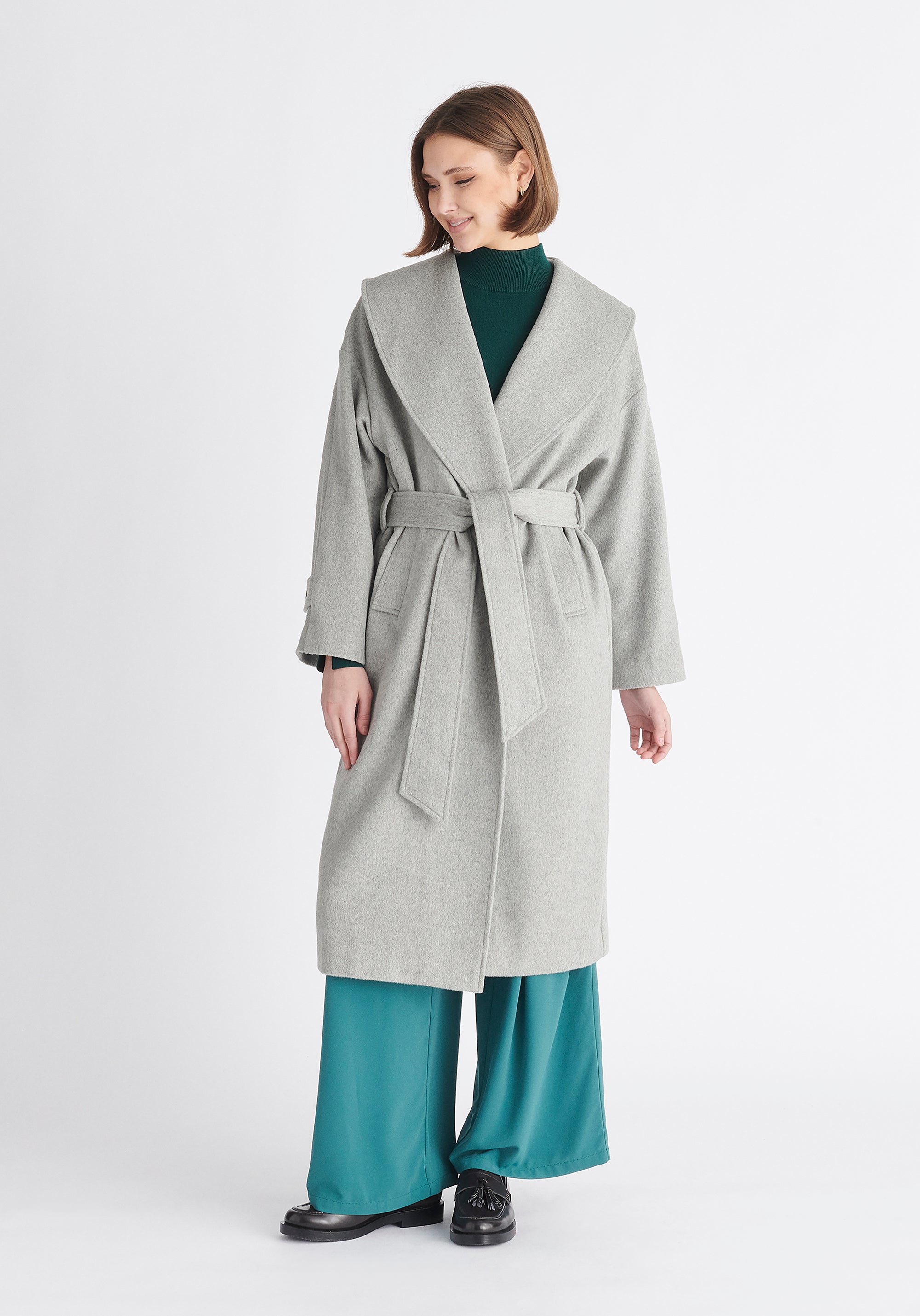 Paisie Belted Wool Coat in Light Grey