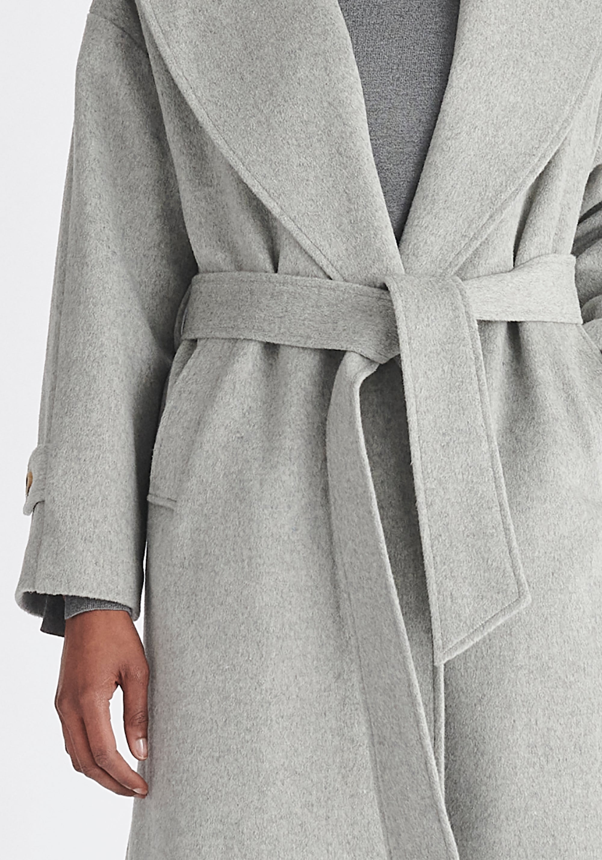 Paisie Belted Wool Coat in Light Grey Close Up