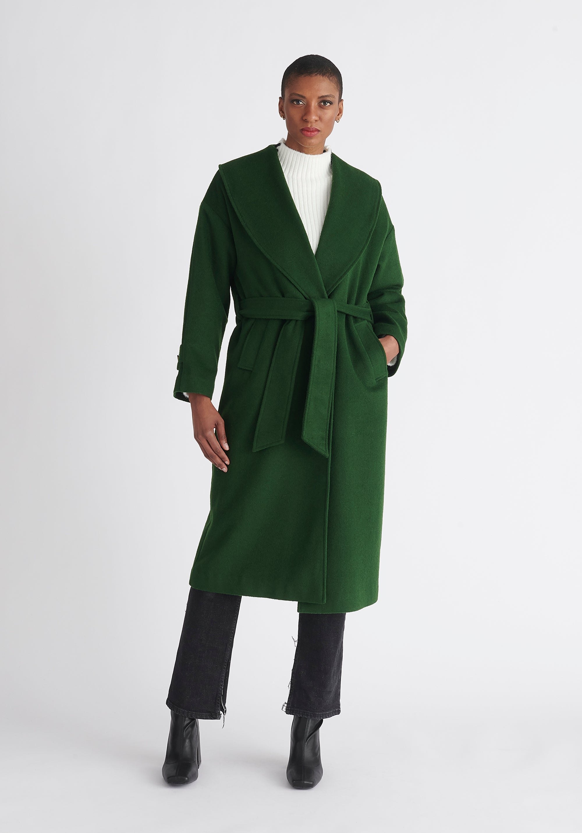 Paisie Belted Wool Coat in Dark Green