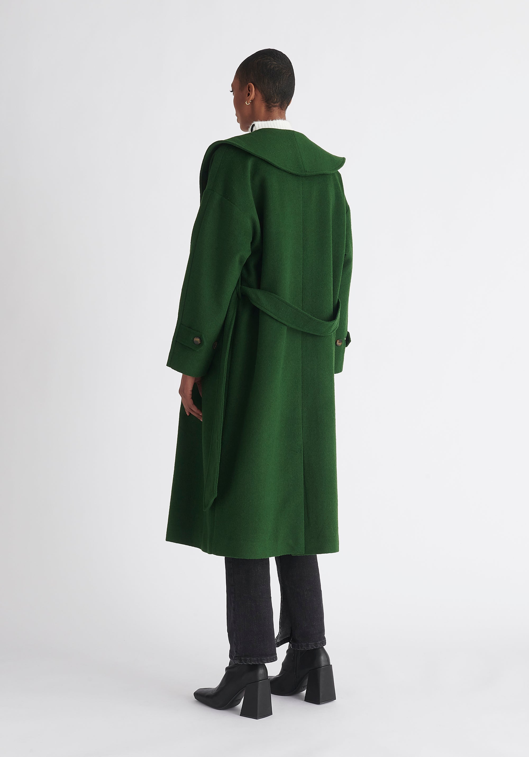 Paisie Belted Wool Coat in Dark Green Back