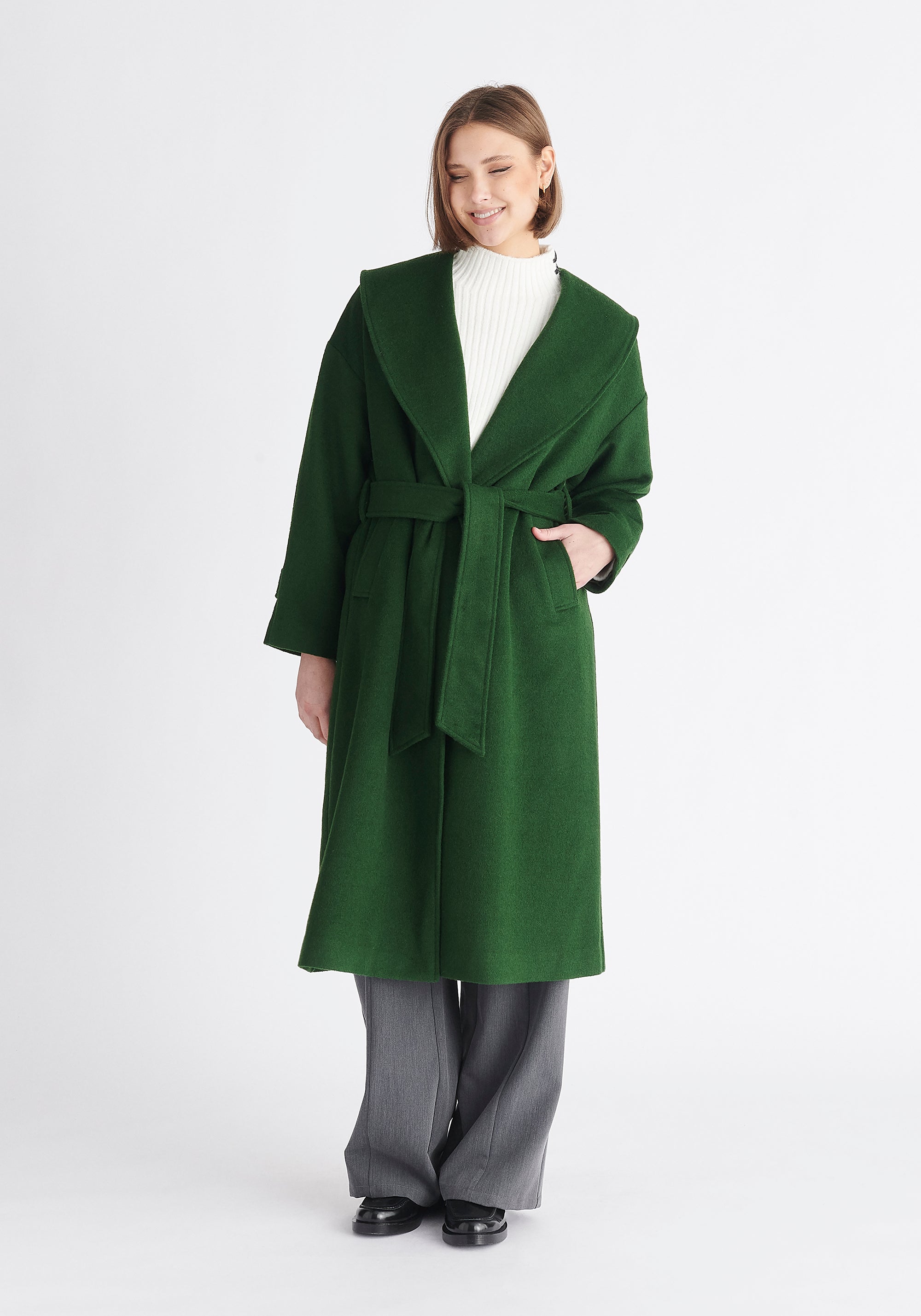 Paisie Belted Wool Coat in Dark Green