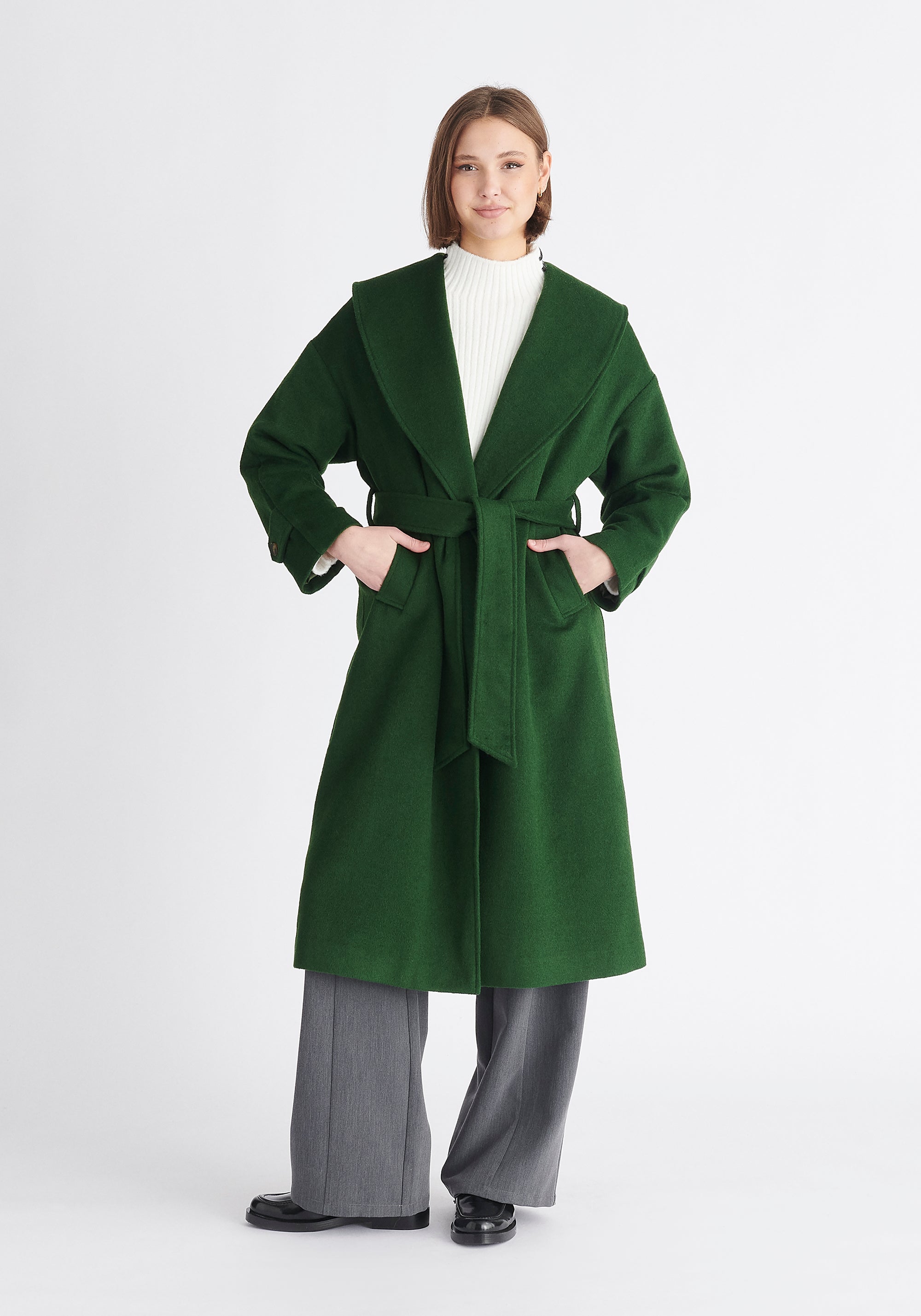 Paisie Belted Wool Coat in Dark Green