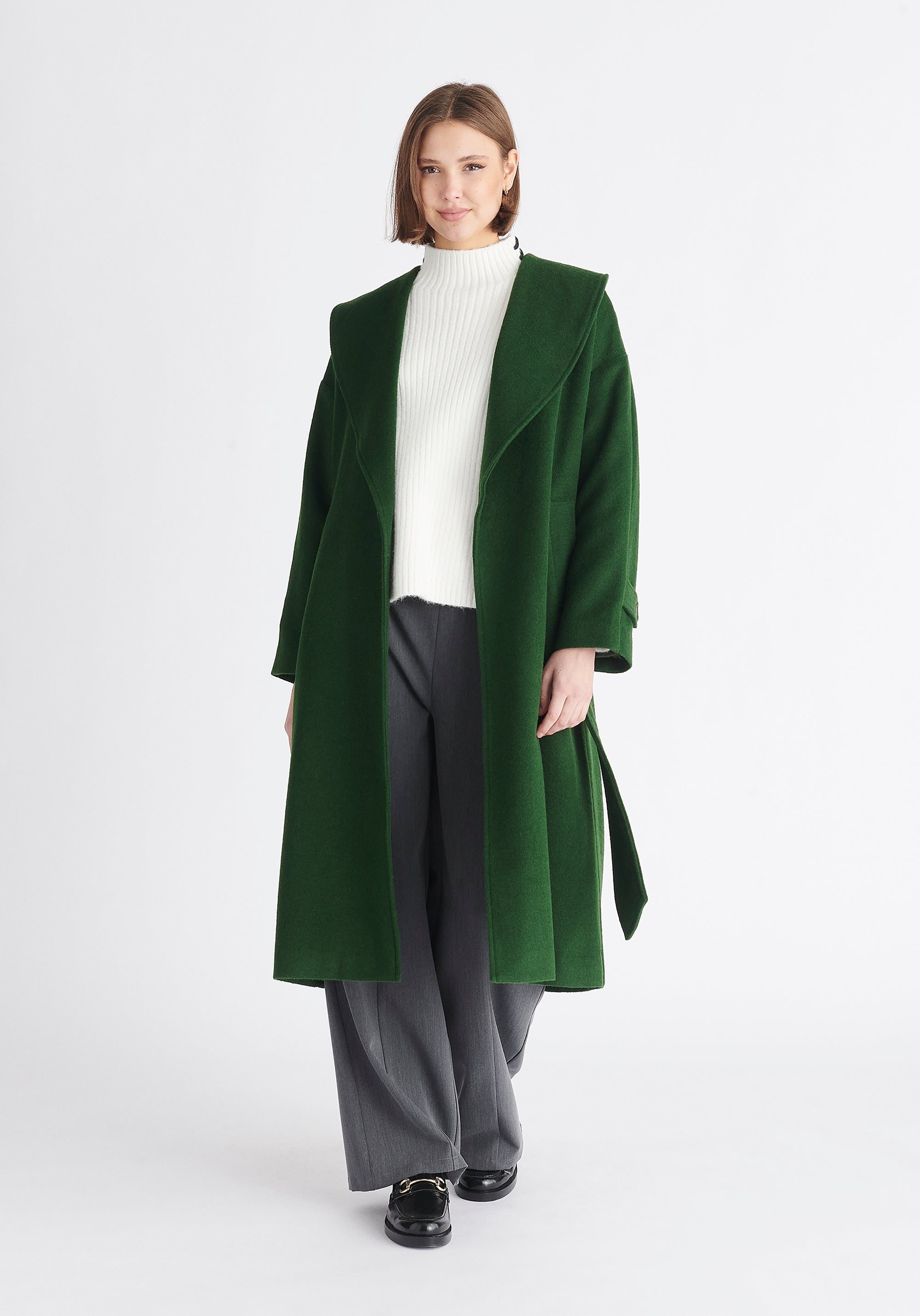 Paisie Belted Wool Coat in Dark Green