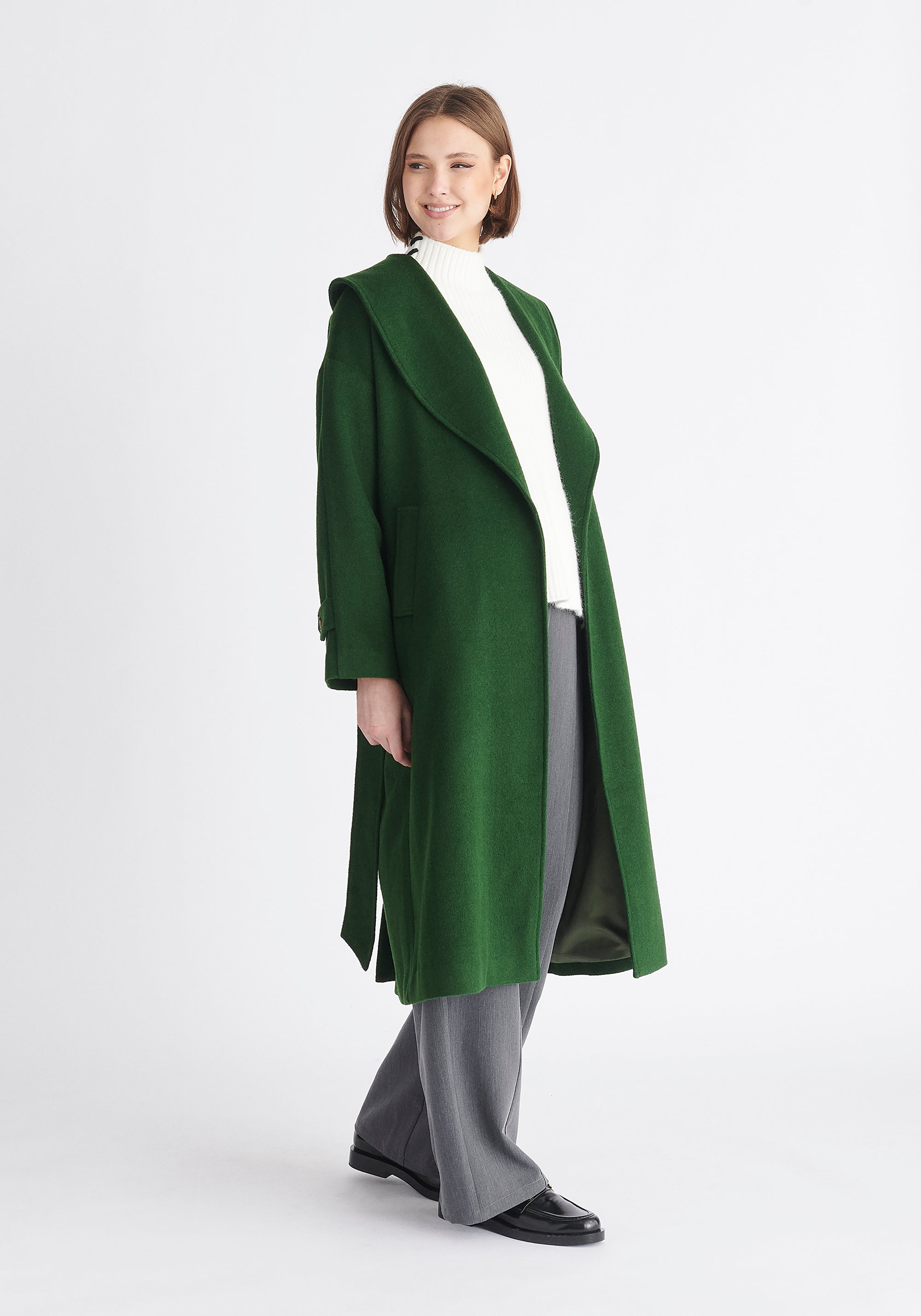 Paisie Belted Wool Coat in Dark Green