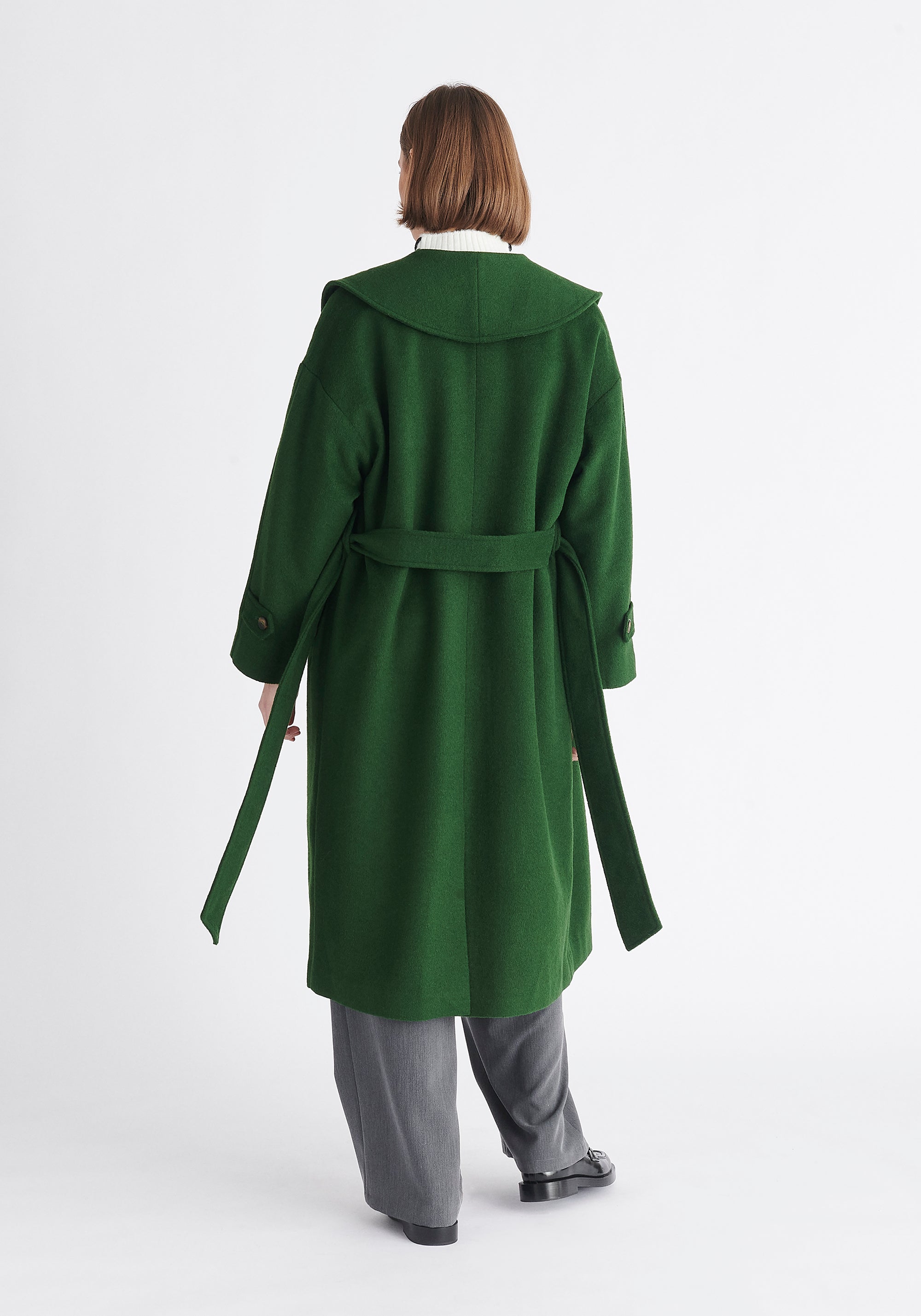 Paisie Belted Wool Coat in Dark Green Back