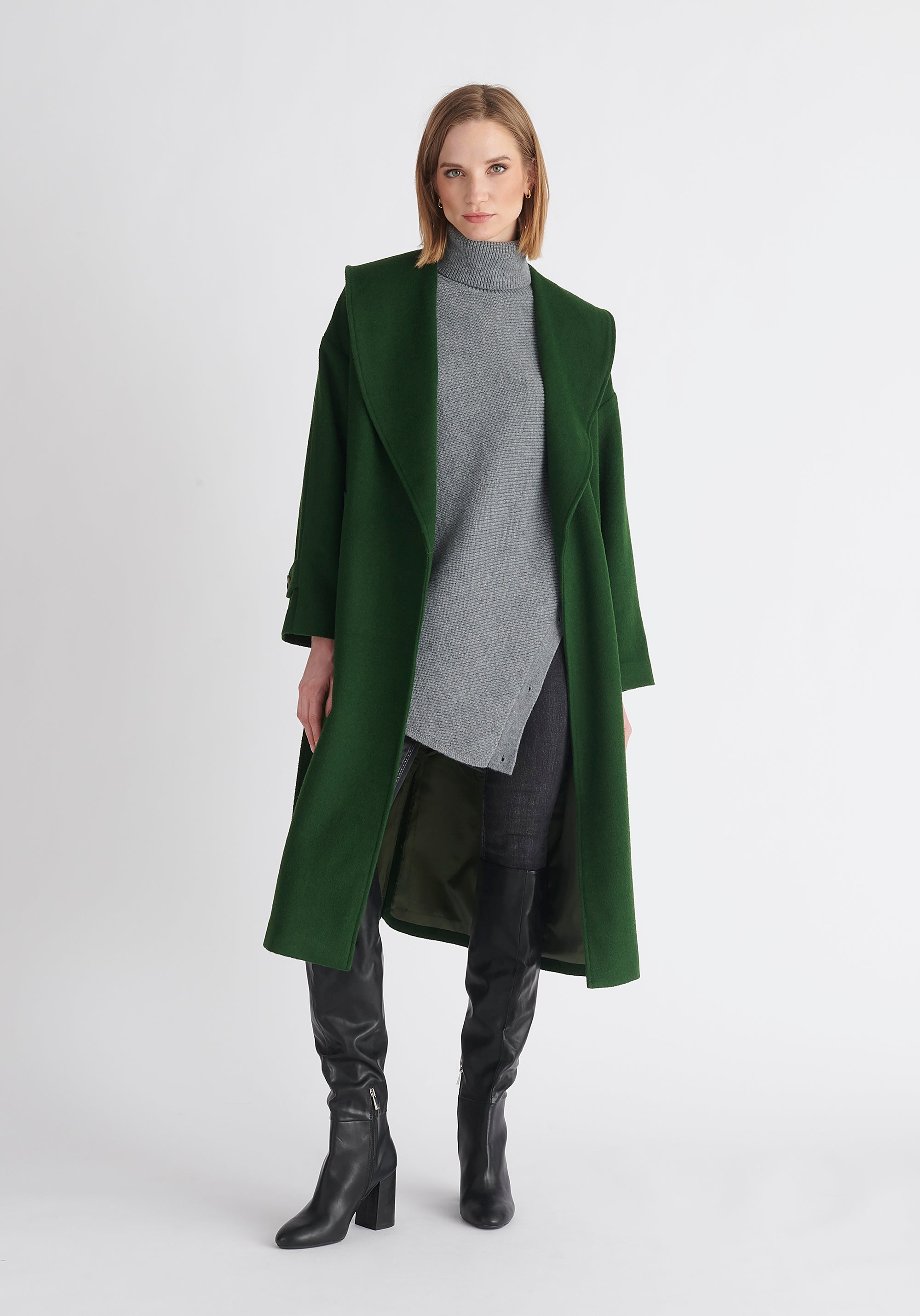 Paisie Belted Wool Coat in Dark Green