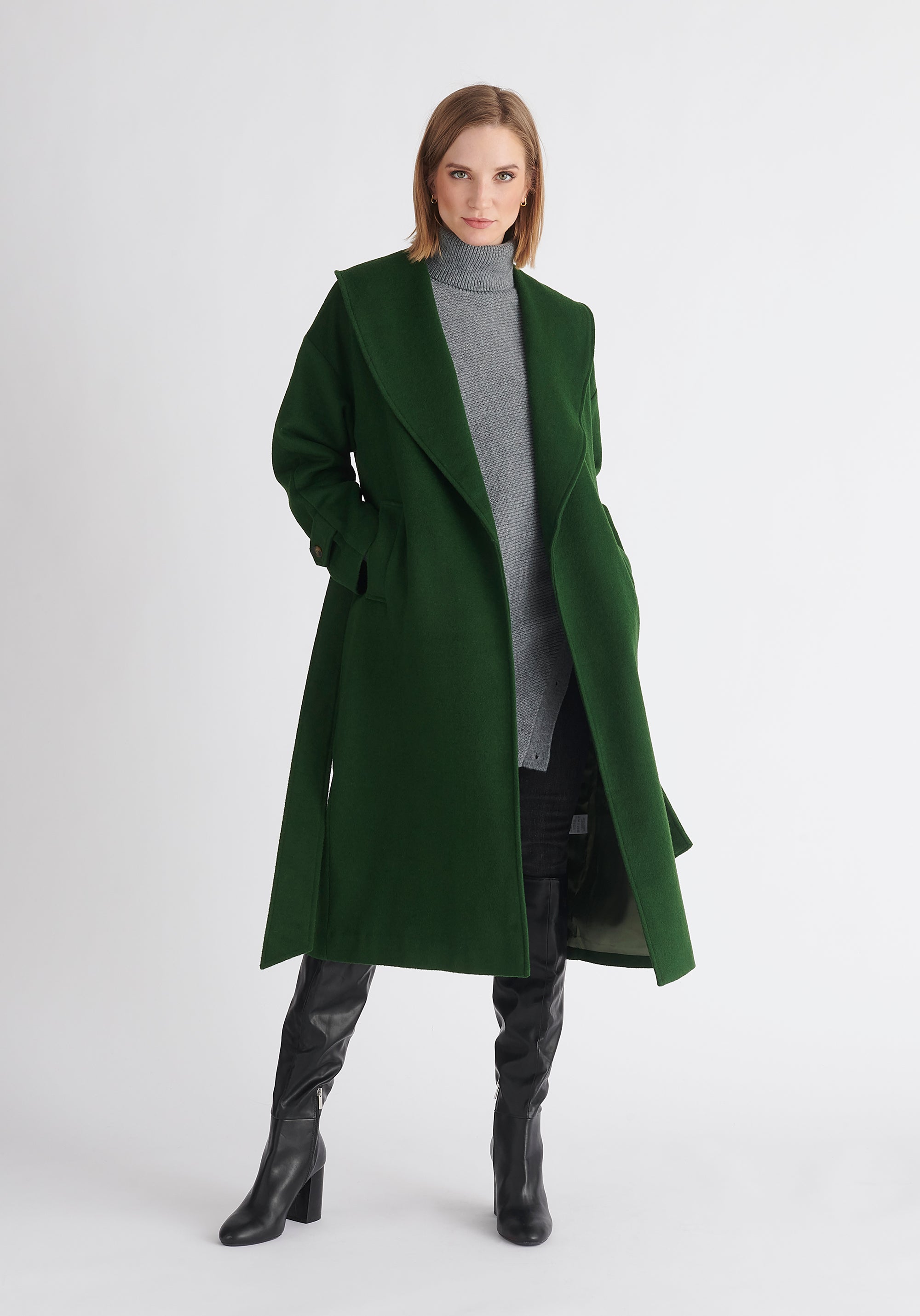 Paisie Belted Wool Coat in Dark Green