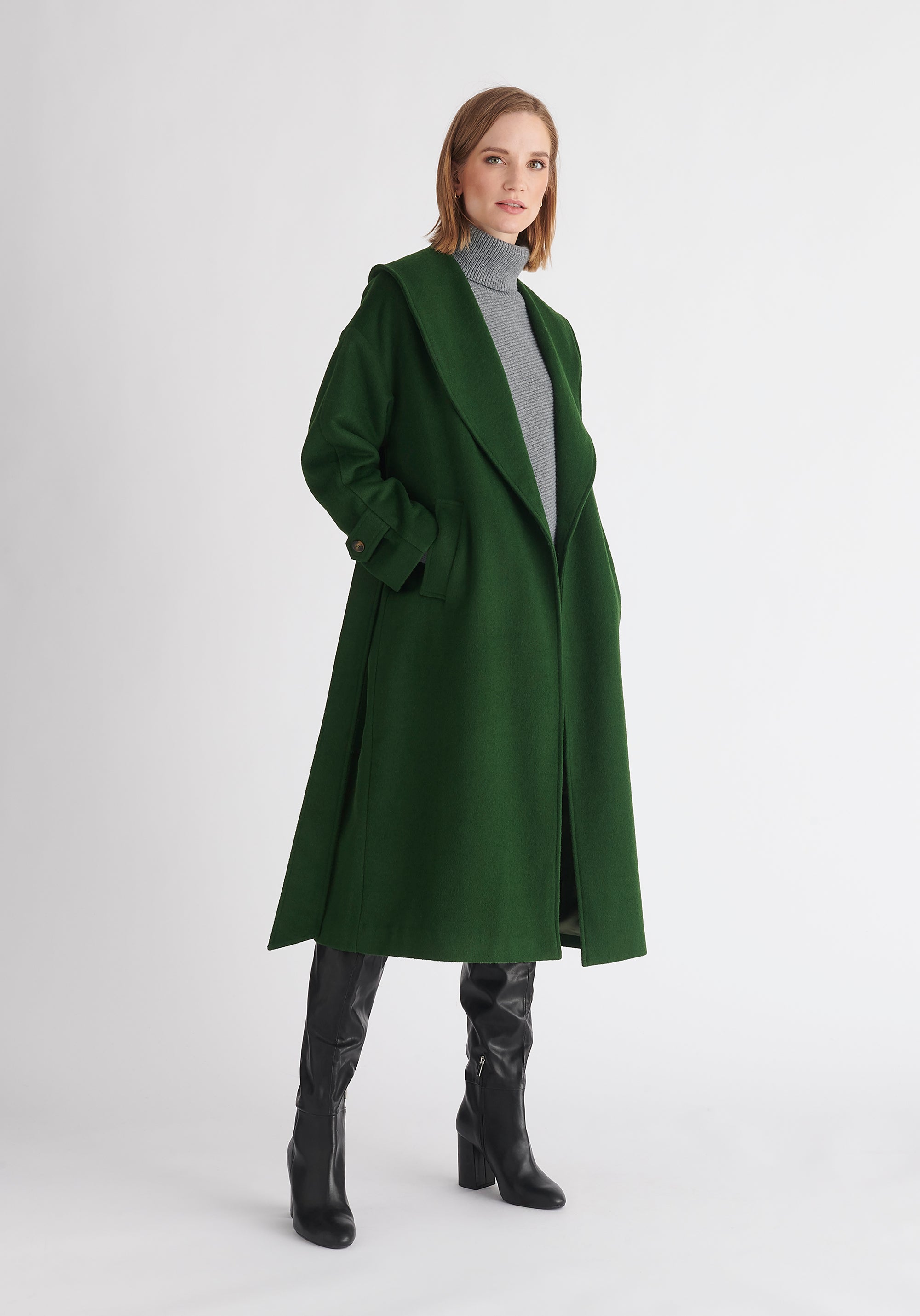 Paisie Belted Wool Coat in Dark Green