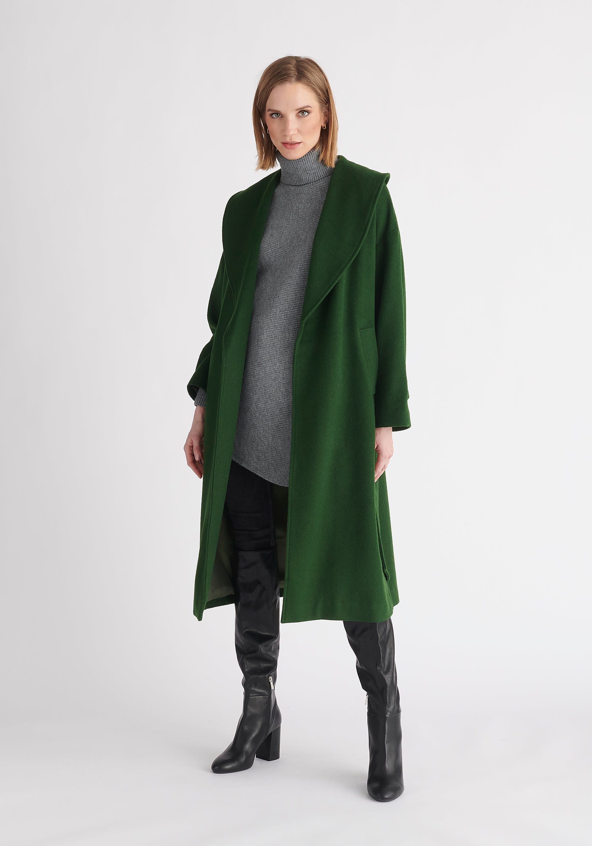 Paisie Belted Wool Coat in Dark Green