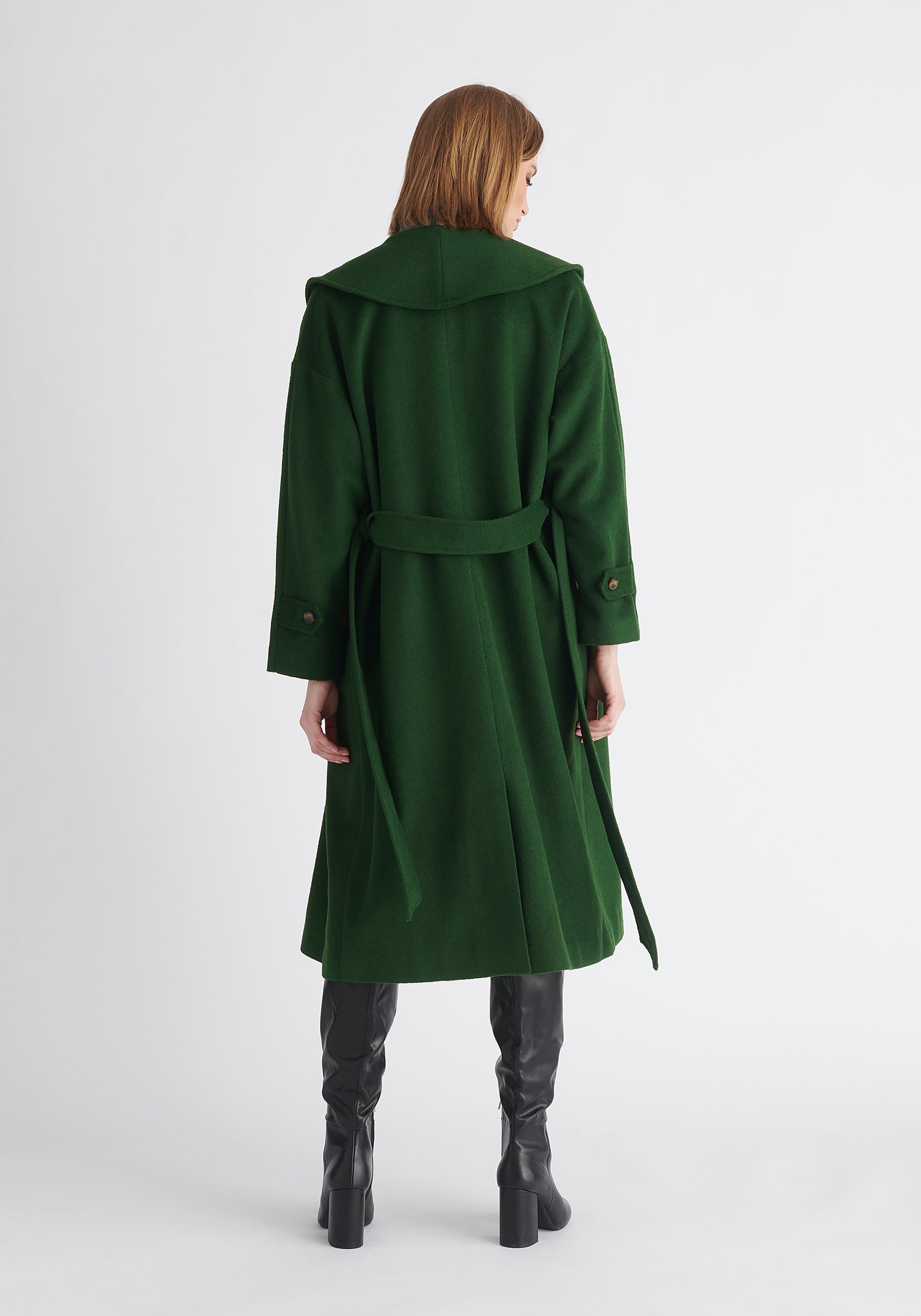 Paisie Belted Wool Coat in Dark Green Back