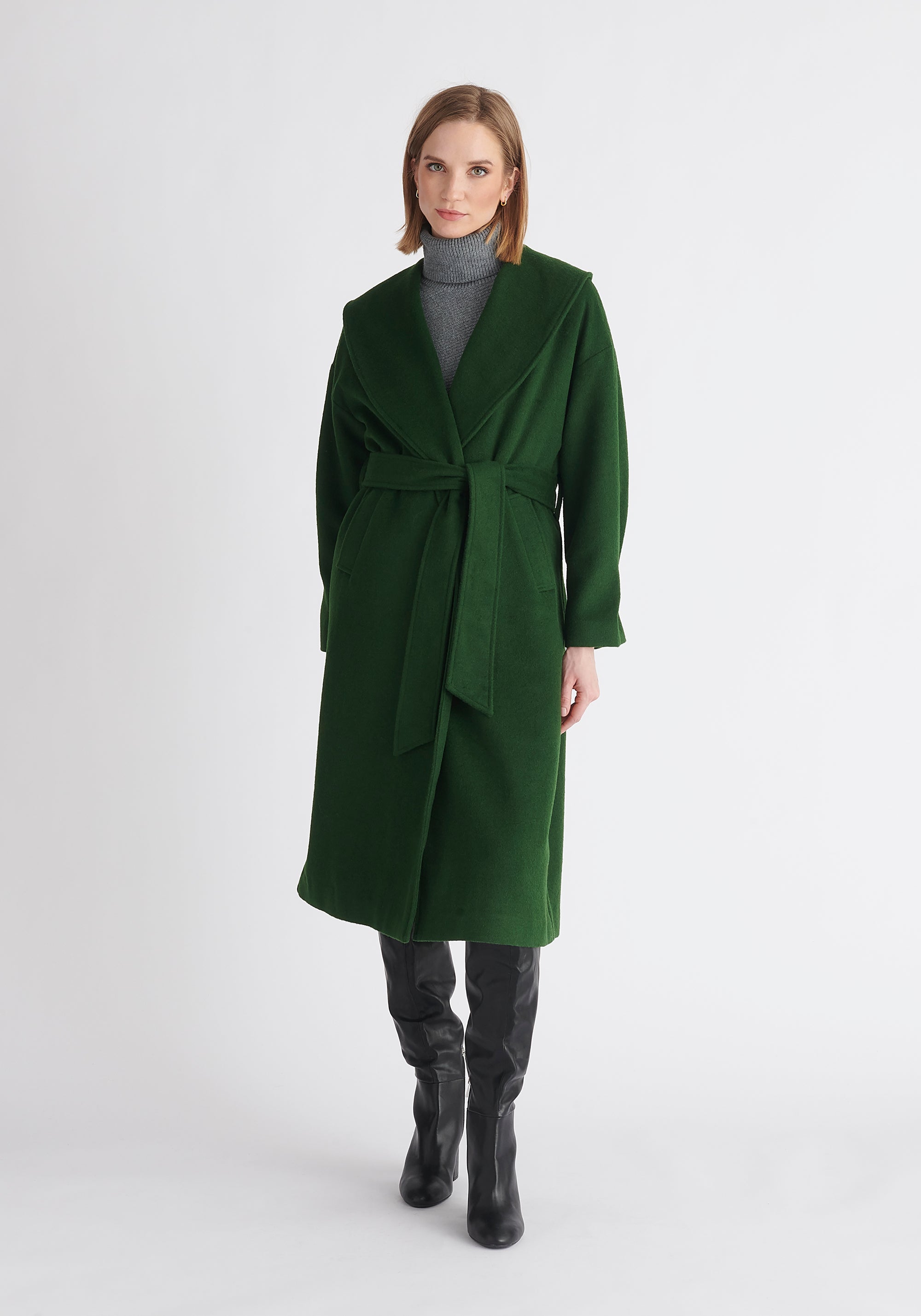 Paisie Belted Wool Coat in Dark Green