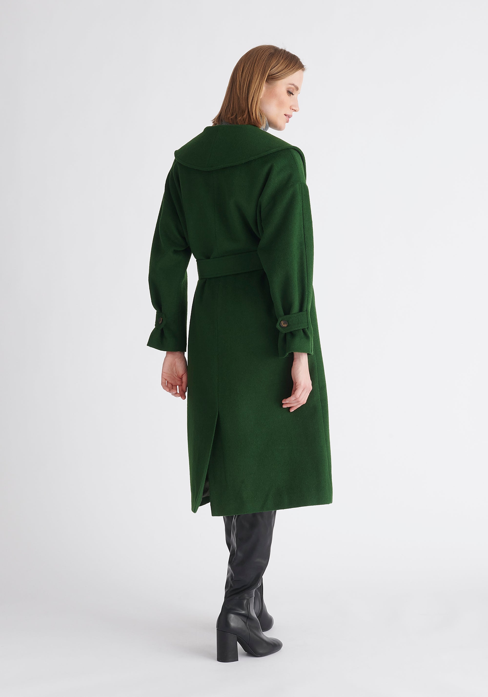 Paisie Belted Wool Coat in Dark Green Back