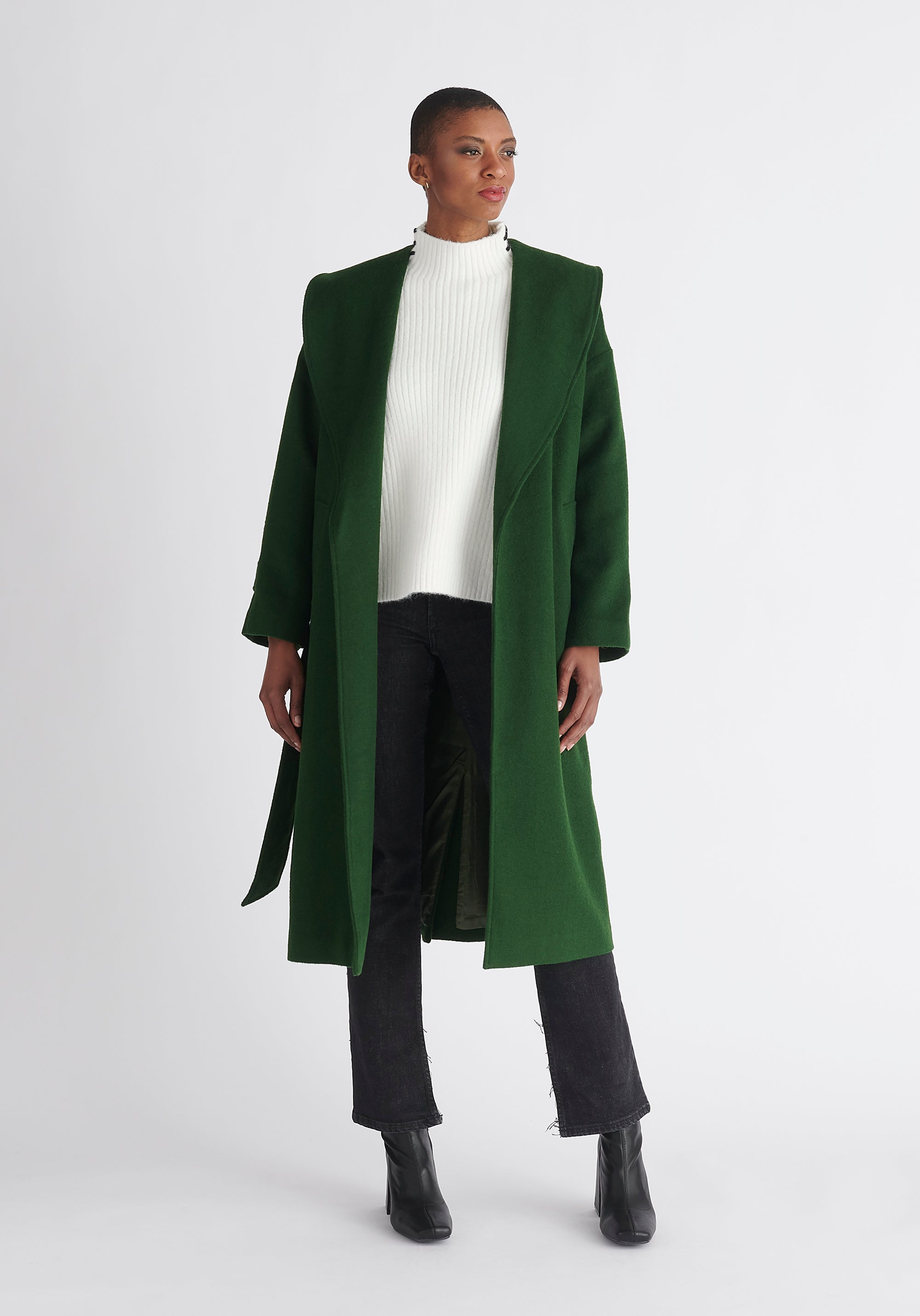 Paisie Belted Wool Coat in Dark Green