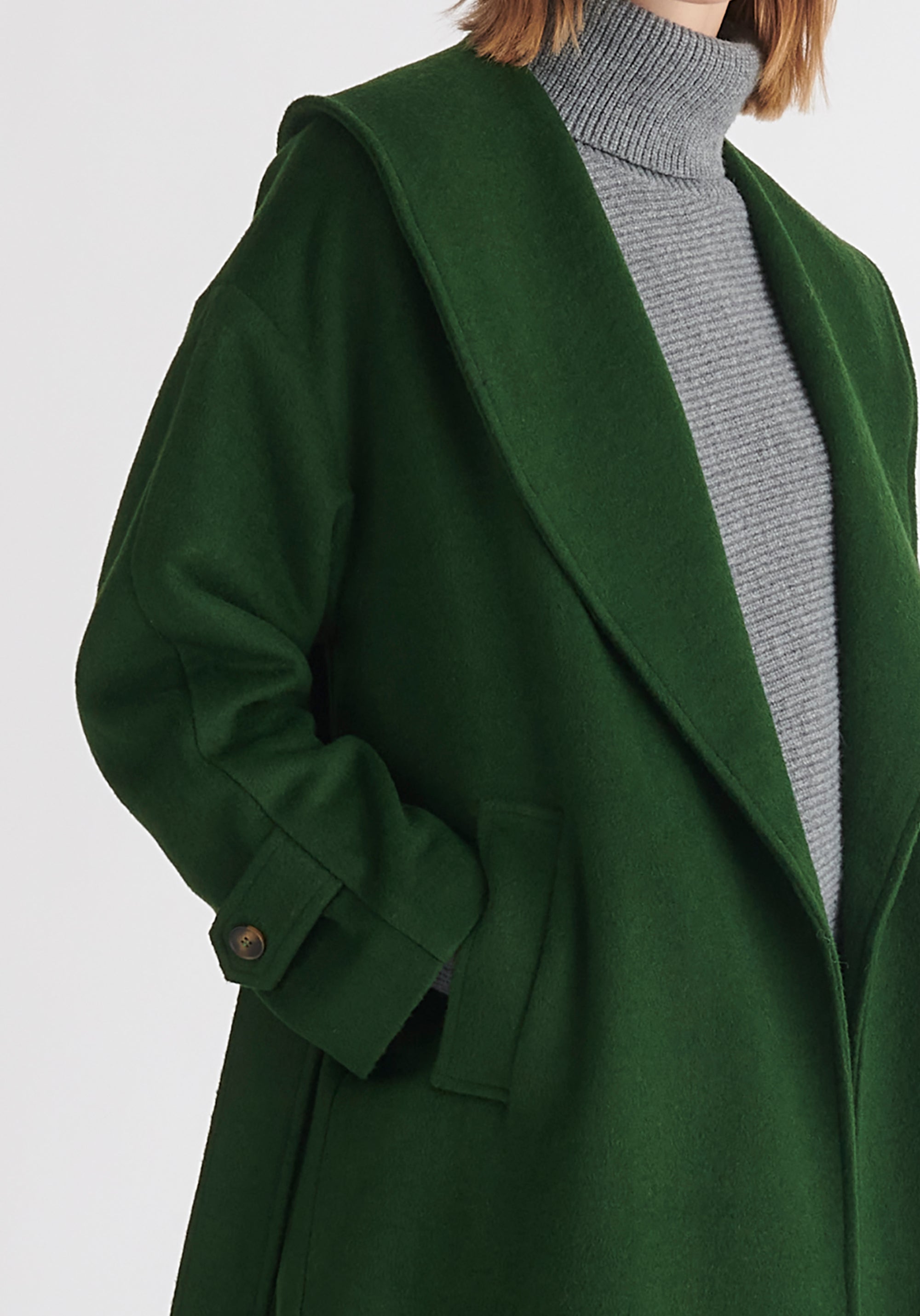 Paisie Belted Wool Coat in Dark Green Close Up