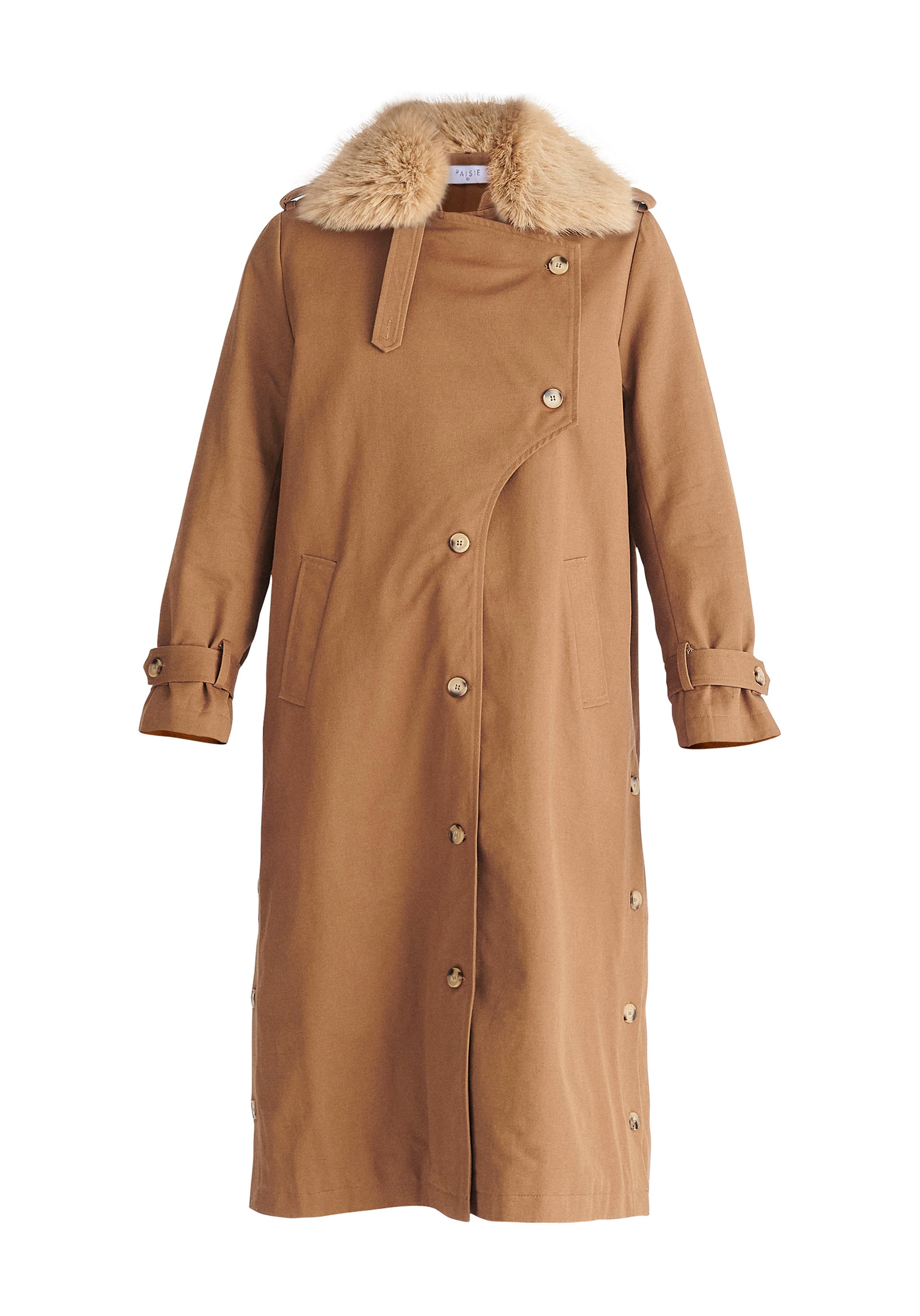 Paisie Faux Fur Collar Coat in Camel Cut Out