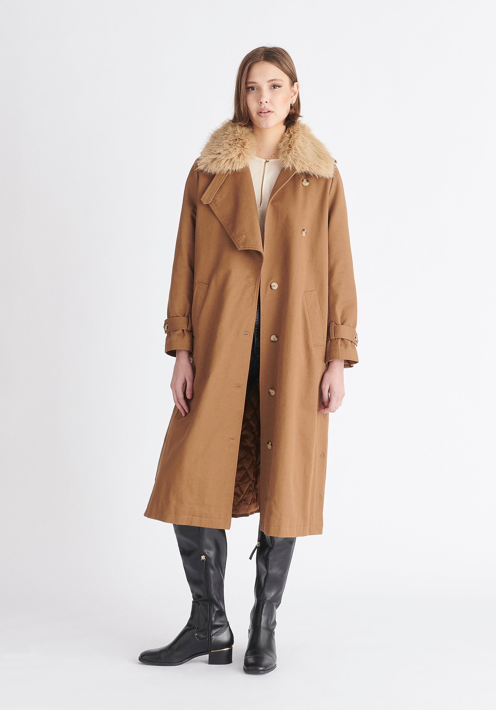 Paisie Faux Fur Collar Coat in Camel