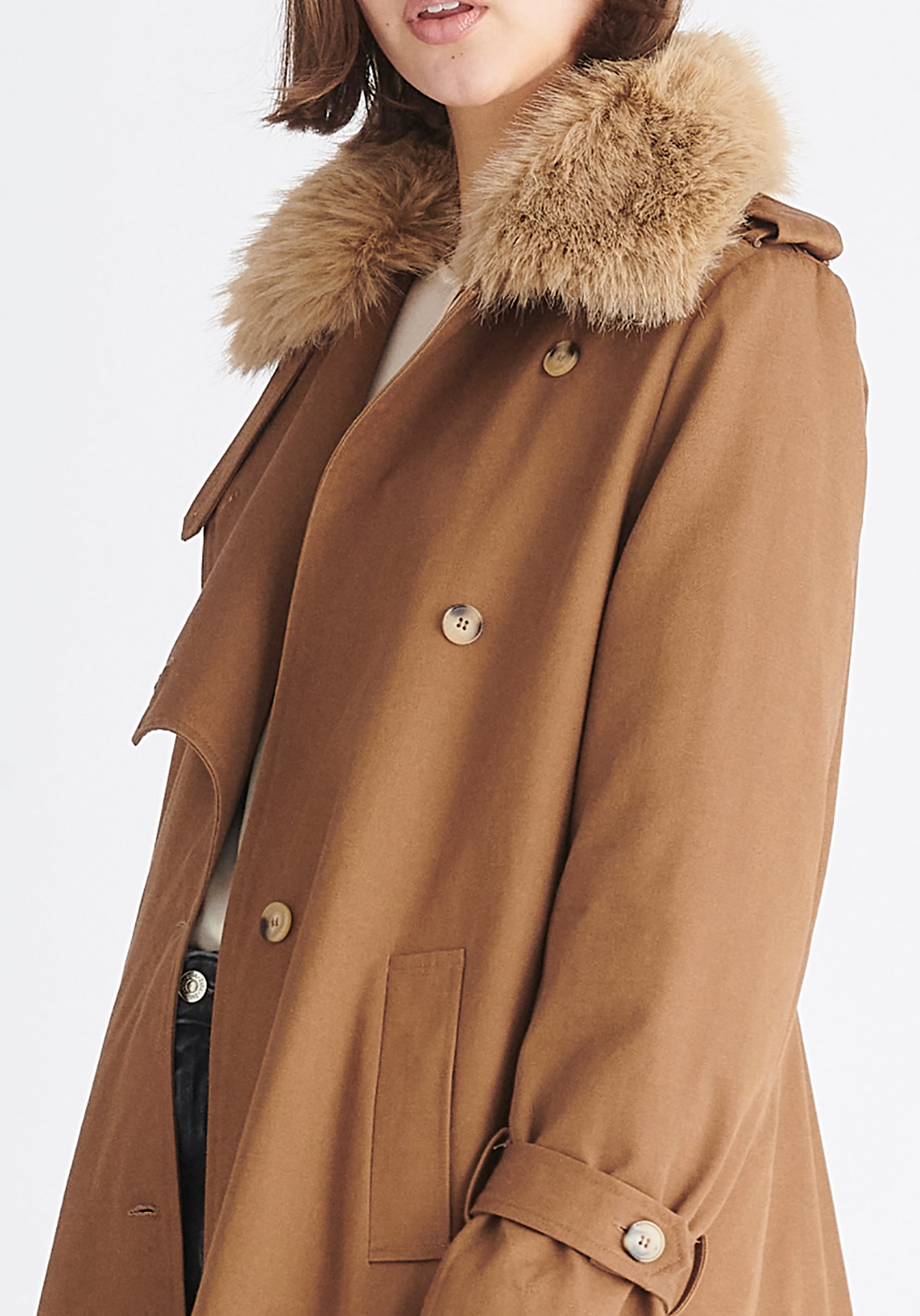 Paisie Faux Fur Collar Coat in Camel Close Up