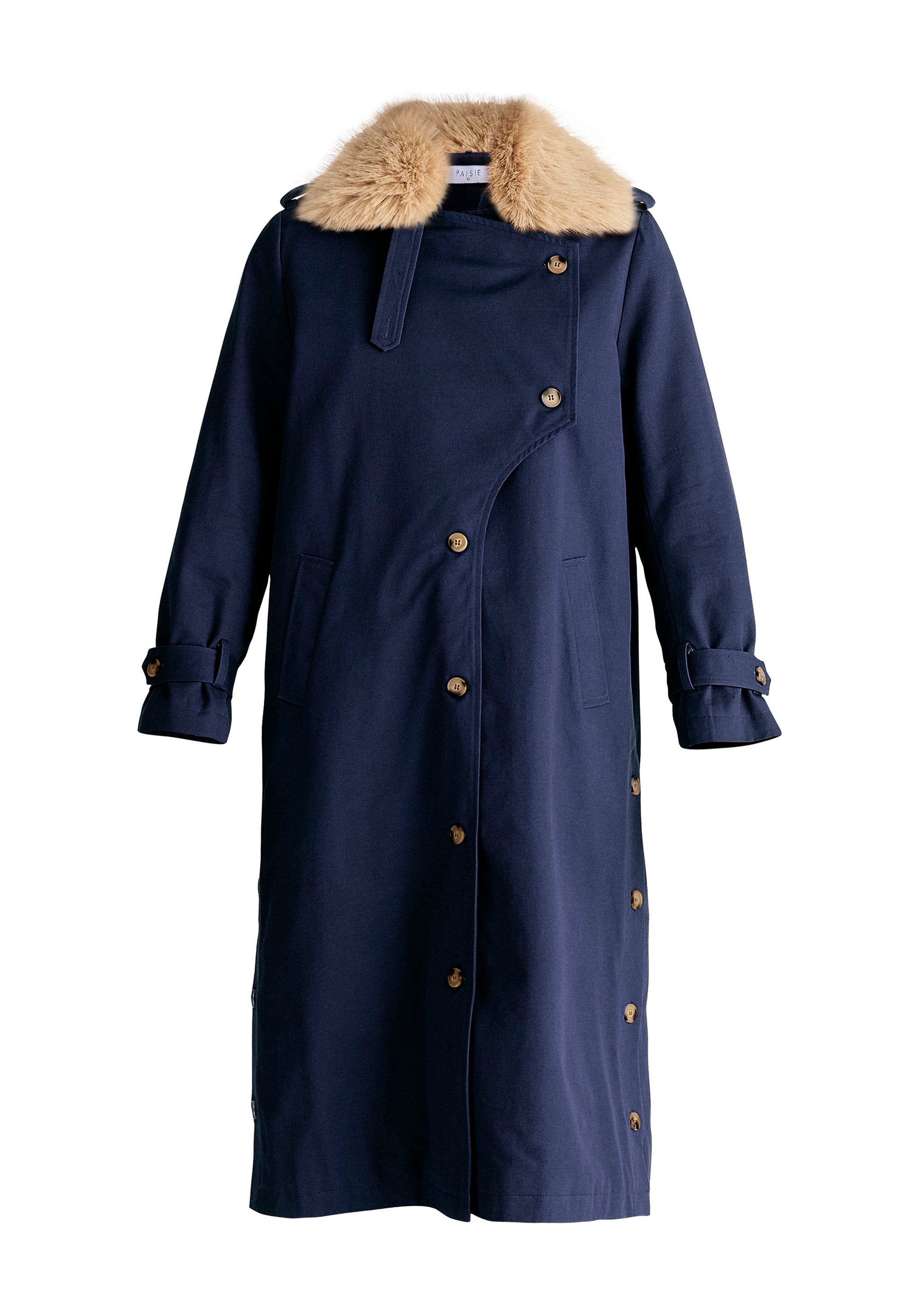 Paisie Faux Fur Collar Coat in Navy Cut Out