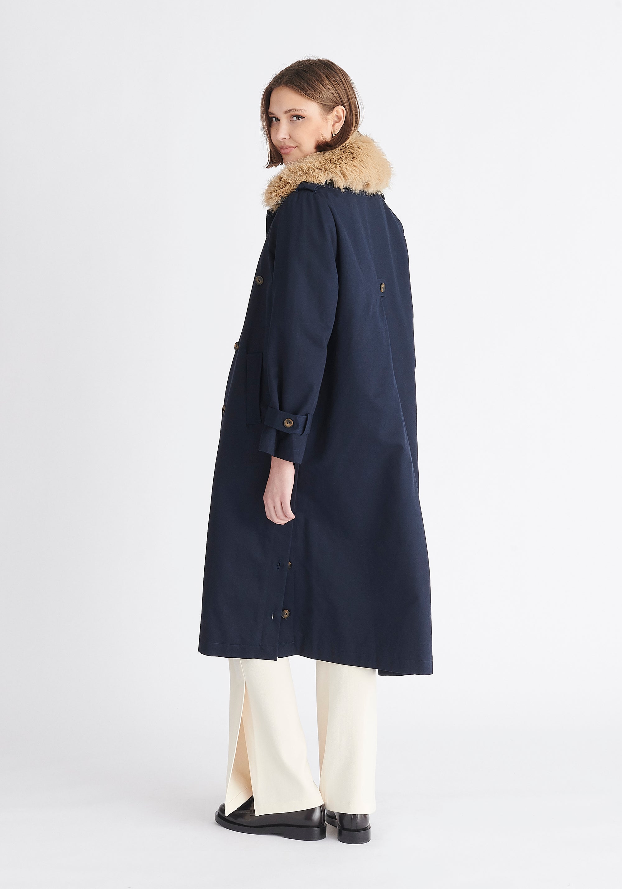 Paisie Faux Fur Collar Coat in Navy Back